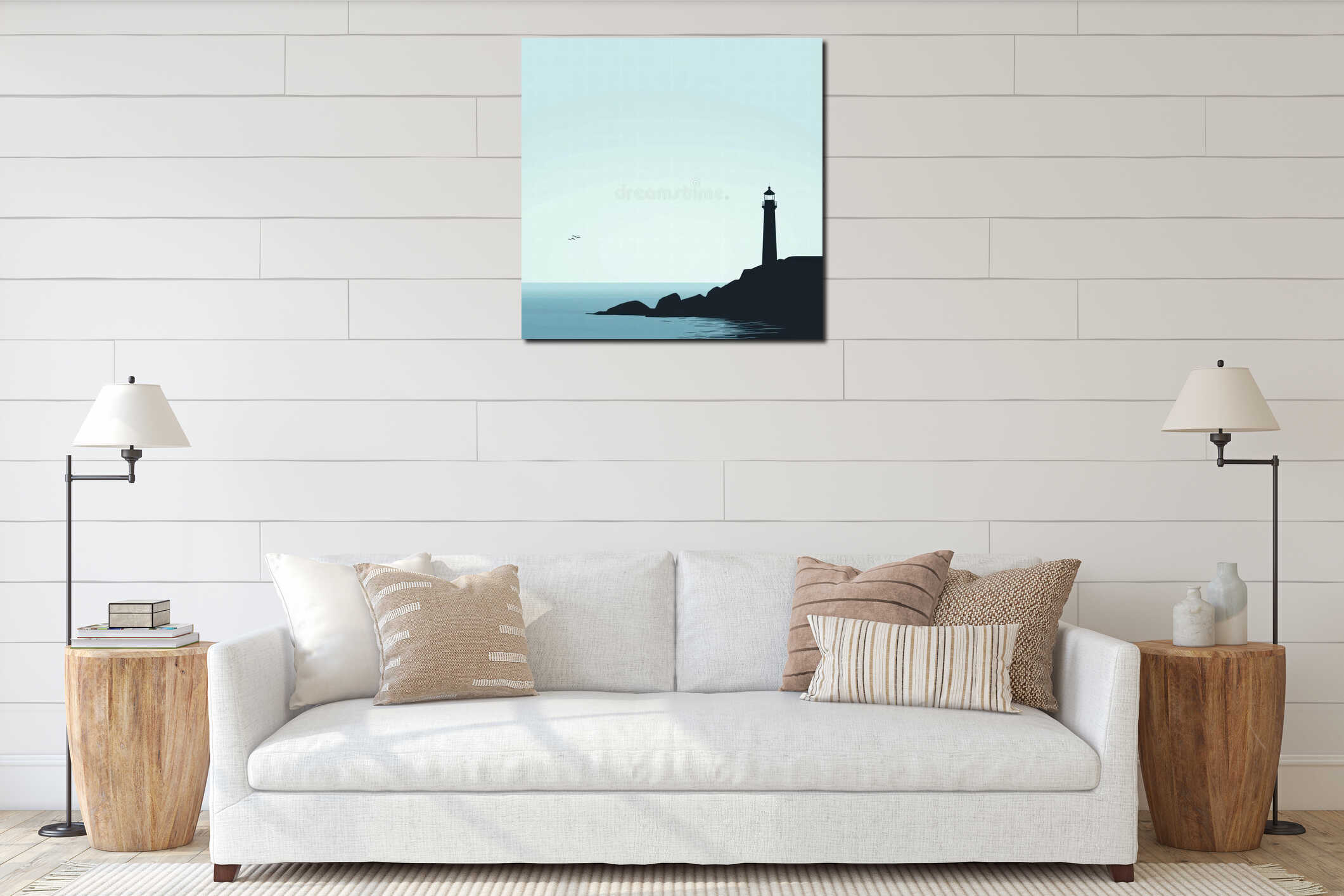 Lighthouse silhouette at dawn over a calm sea with birds flying in the distance. Generative AI interior mockup