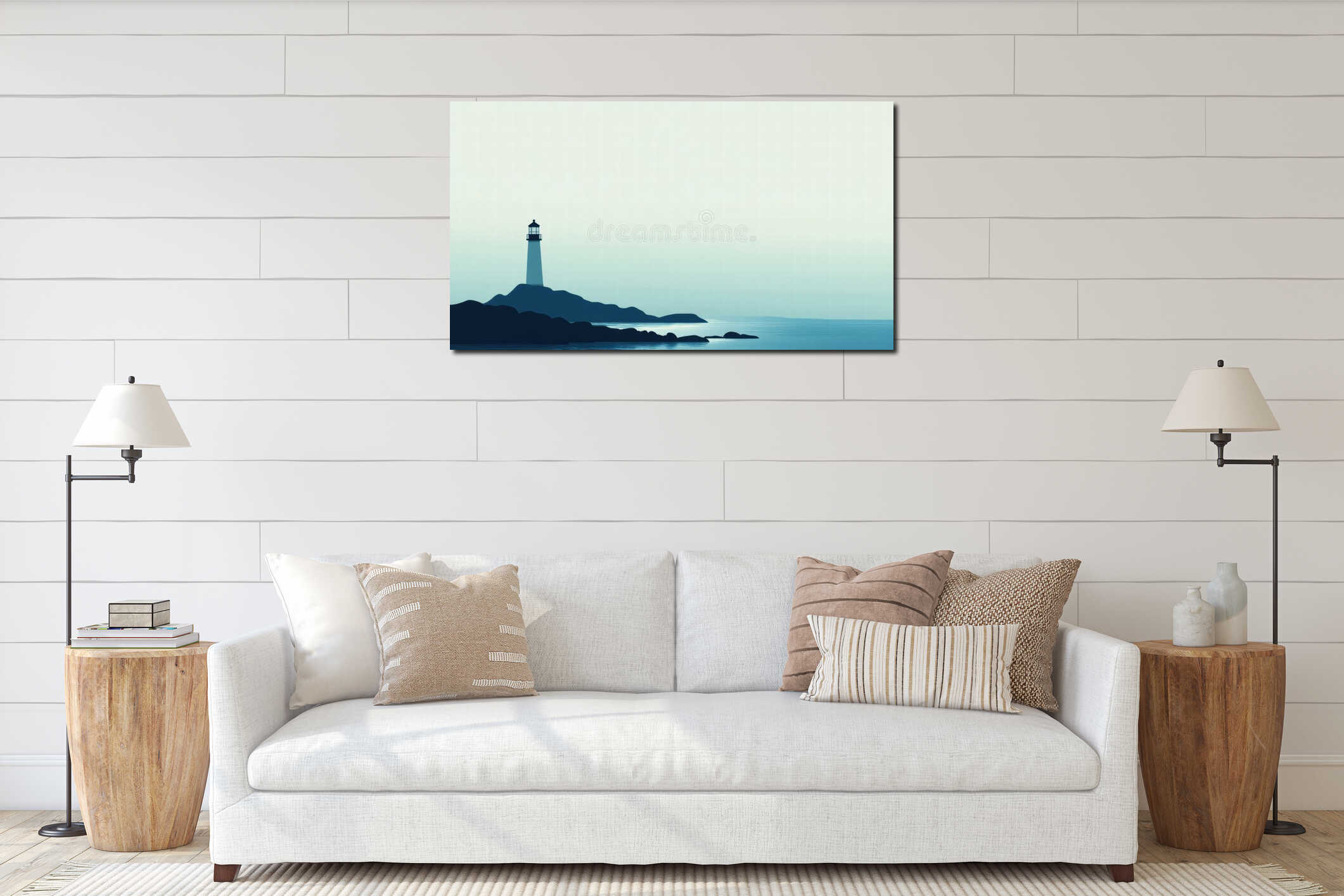Lighthouse silhouette on rocky coast with mock up space for text and minimal design elements. Generative AI interior mockup