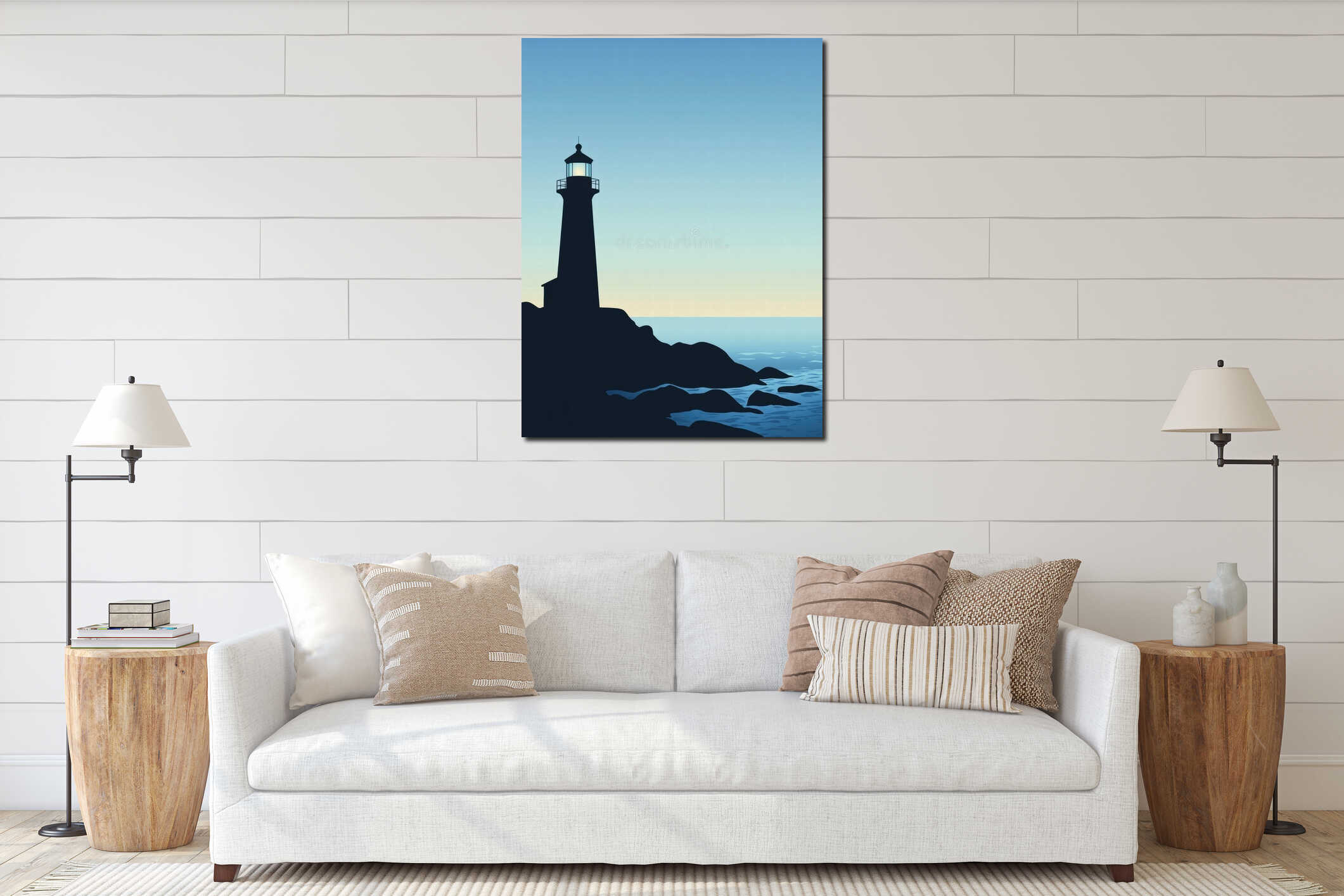 Lighthouse silhouette on rocky coast with tranquil sea and soft sky at dawn. Generative AI interior mockup