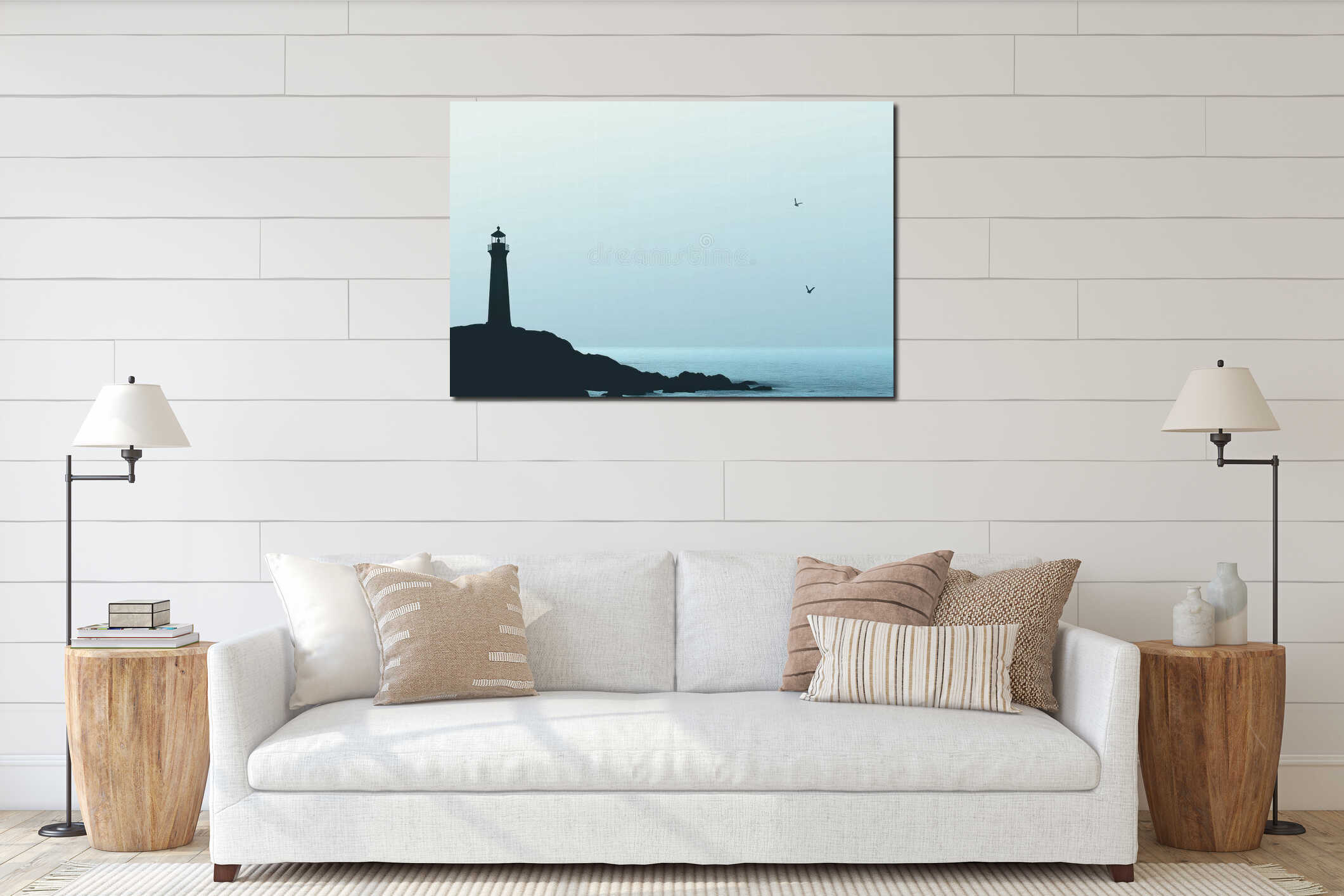 Silhouette of a lighthouse against a calm sea at dusk with room for text beside rocky coast. Generative AI interior mockup