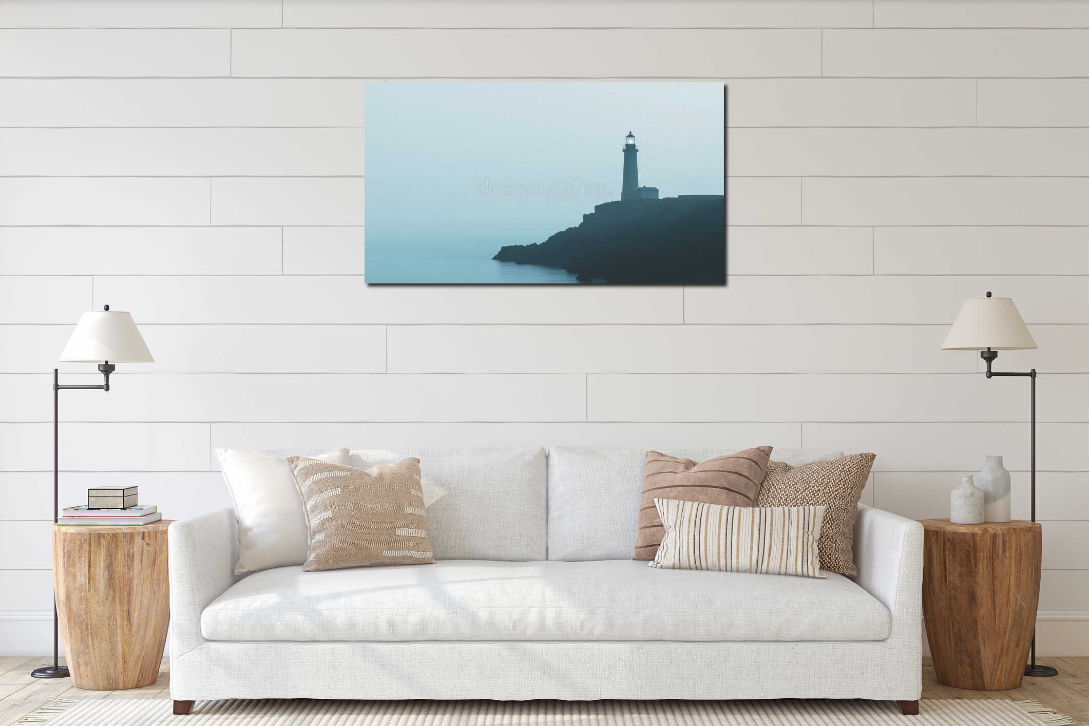 Silhouette of a lighthouse on a rocky coast at dawn with minimalist design space for text and copy. Generative AI interior mockup