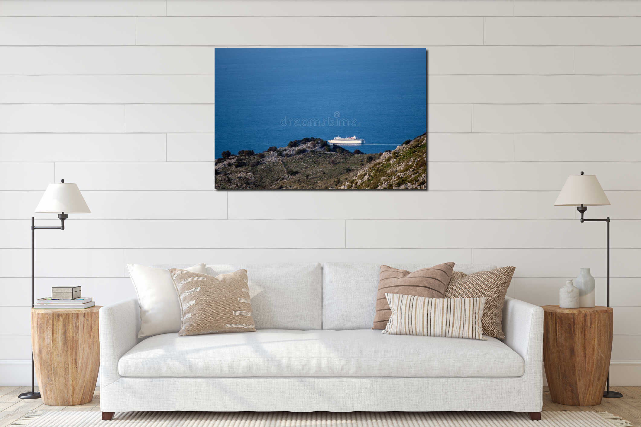 White ship sailing on blue sea, seen from rocky green coast interior mockup