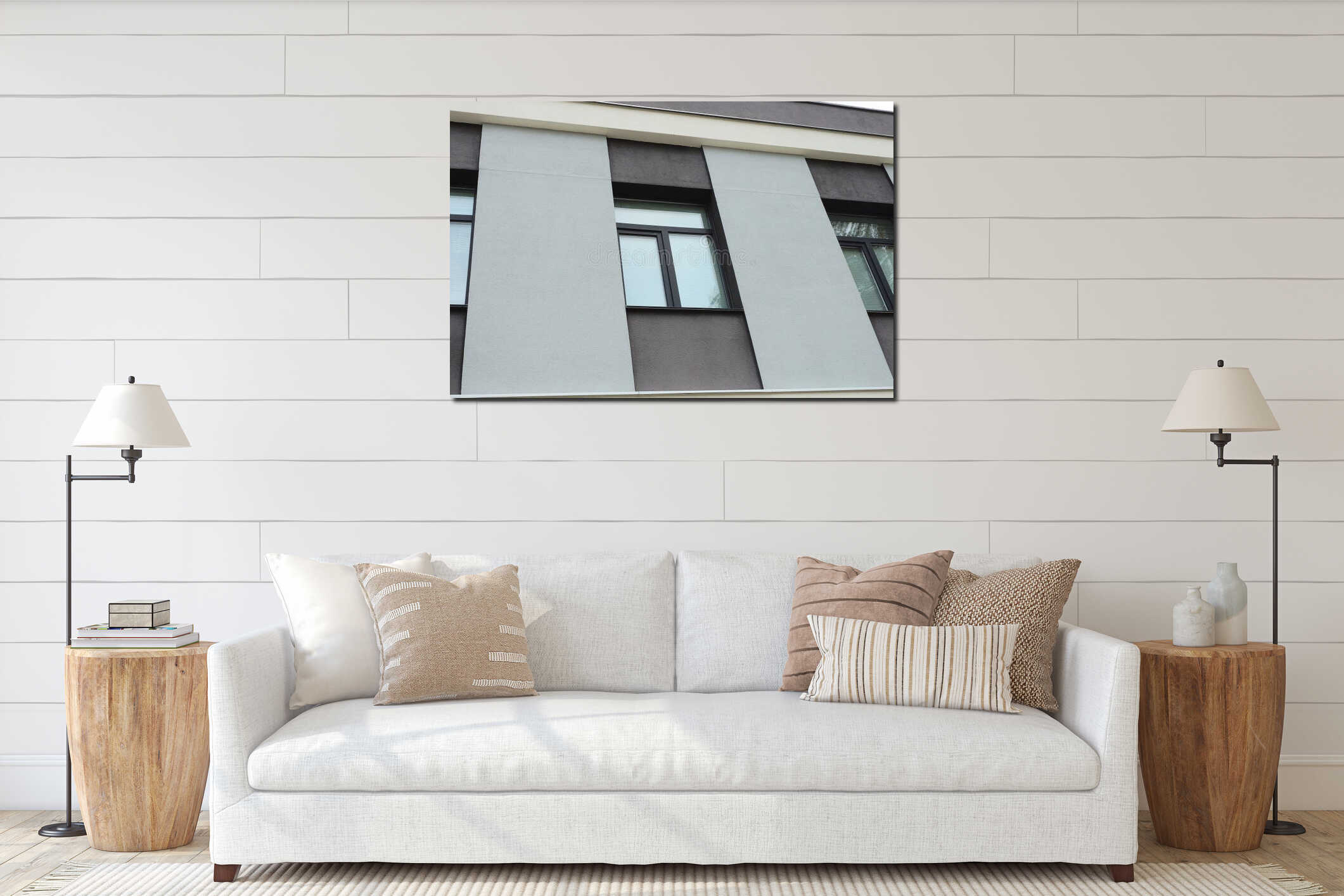 a row of three black windows on a gray concrete brown wall interior mockup