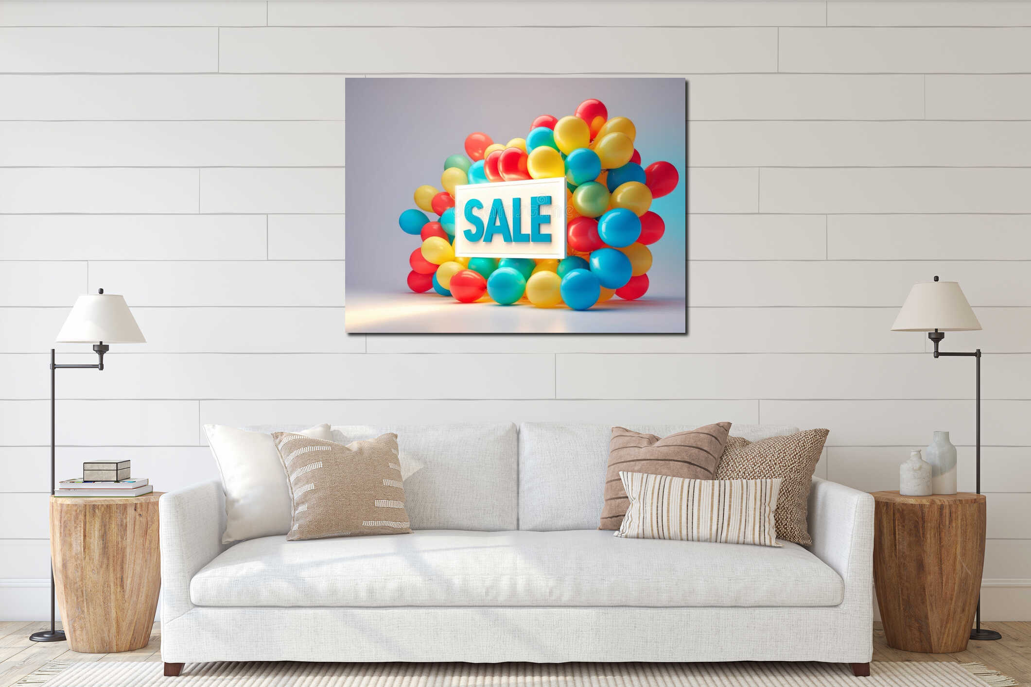 Vibrant Sale Sign Illuminated With Colorful Balloons Creates a Festive Atmosphere for Shoppers to Enjoy a Special interior mockup