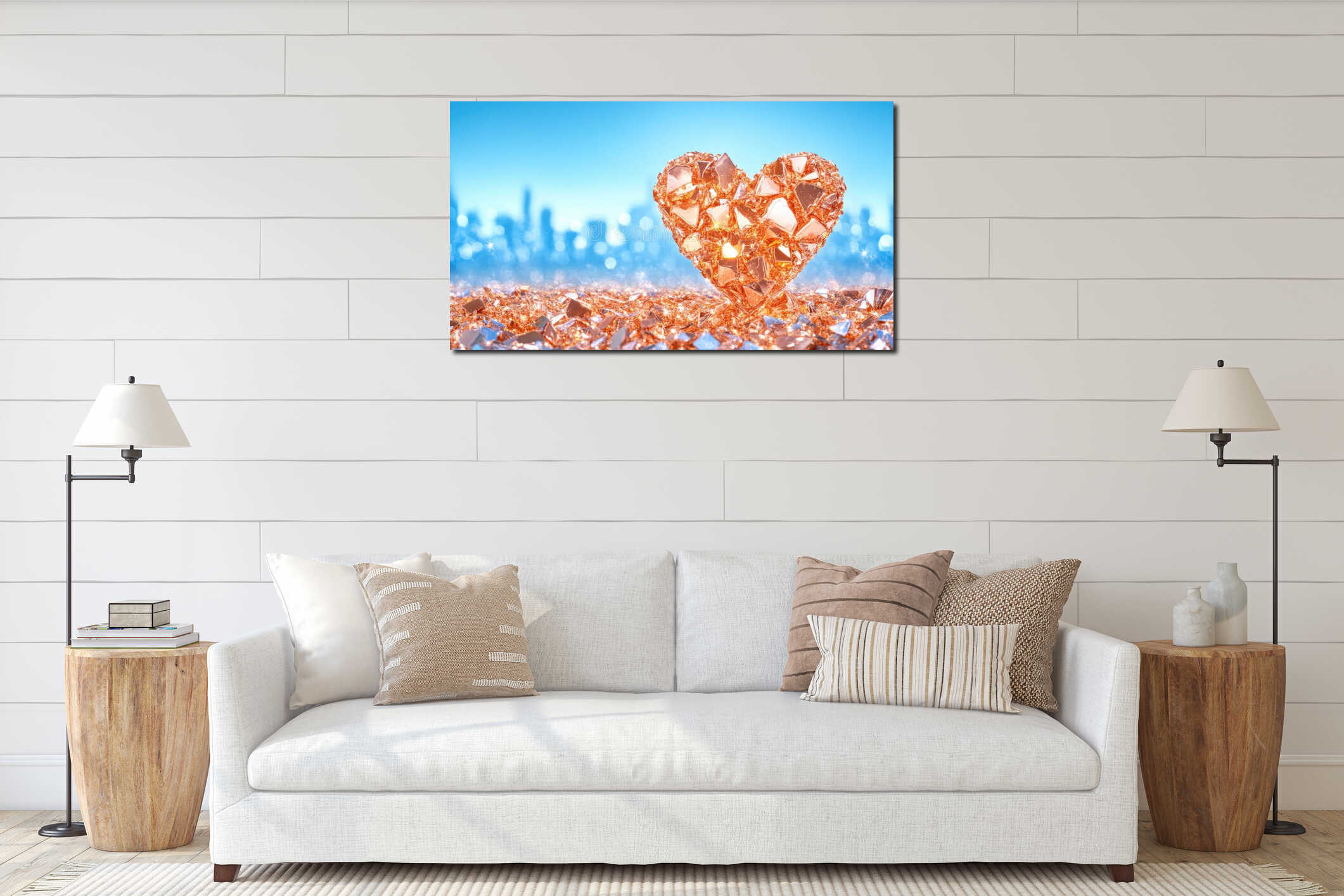 Shattered glass heart in glittering cityscape at sunrise. The 14th of February. Happy Valentine's Day interior mockup