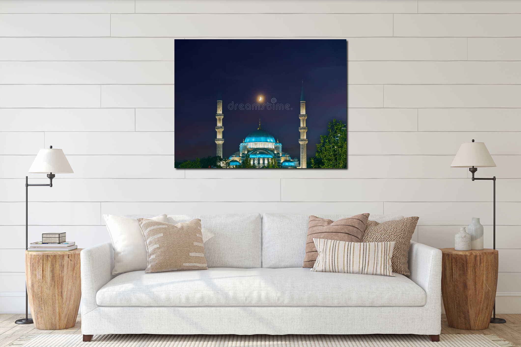 Ramadan or islamic concept photo. Eminonu New Mosque and crescent moon interior mockup