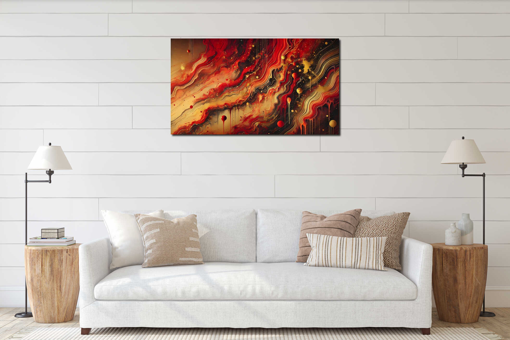 Bold abstract backgroun of molten lava, with cascading layers of red and oranges hues, with splashes of gold interior mockup