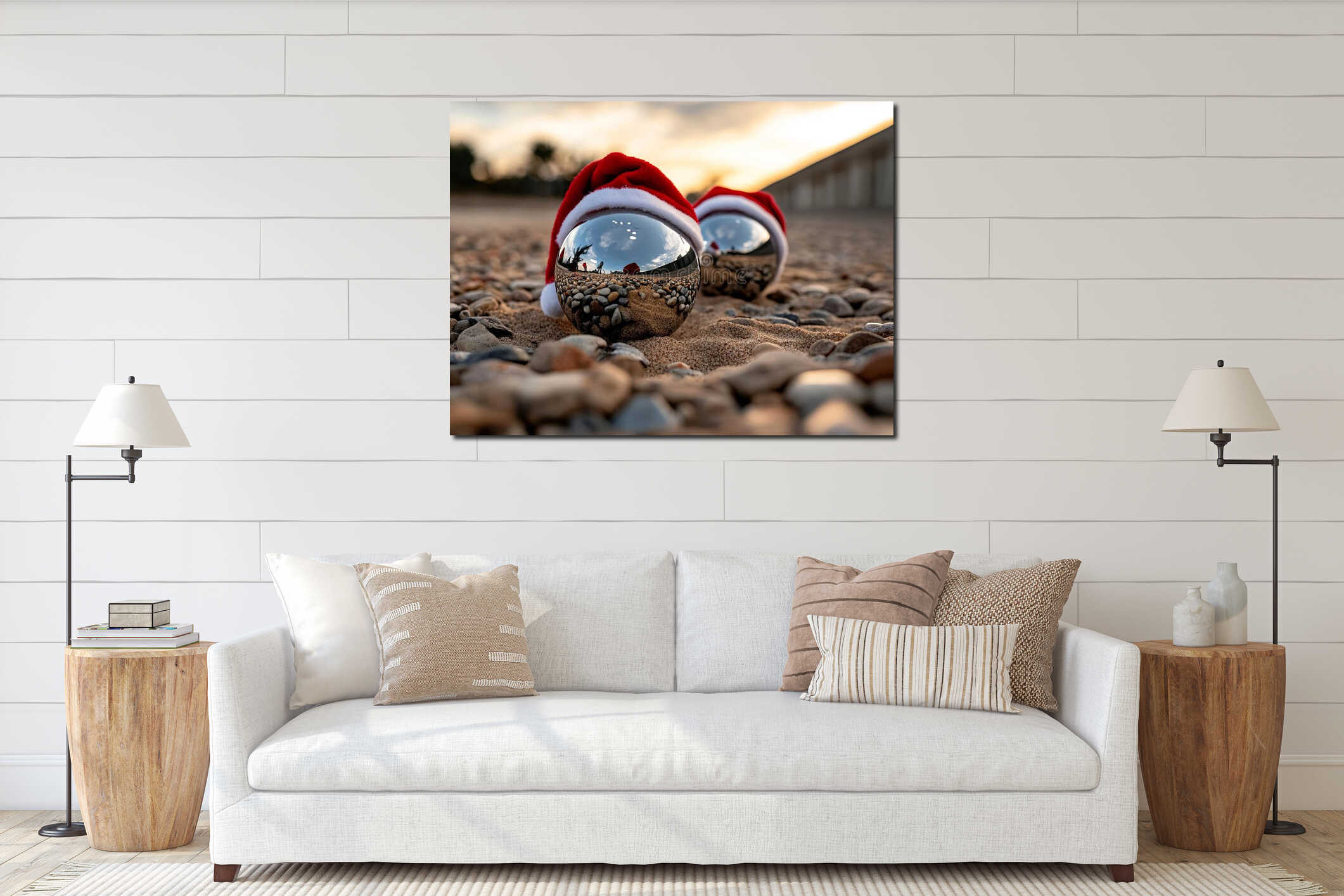A couple of glass balls sitting on top of a sandy beach interior mockup