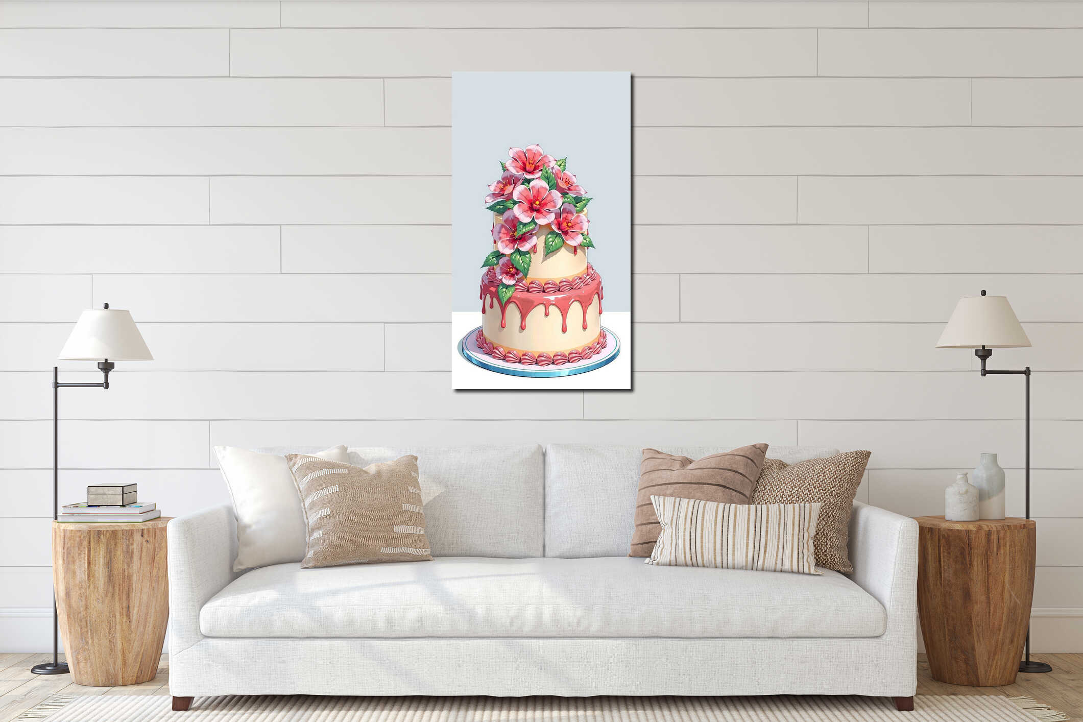 Elegant two-tier cake with hibiscus flower decorations and pink drip icing interior mockup