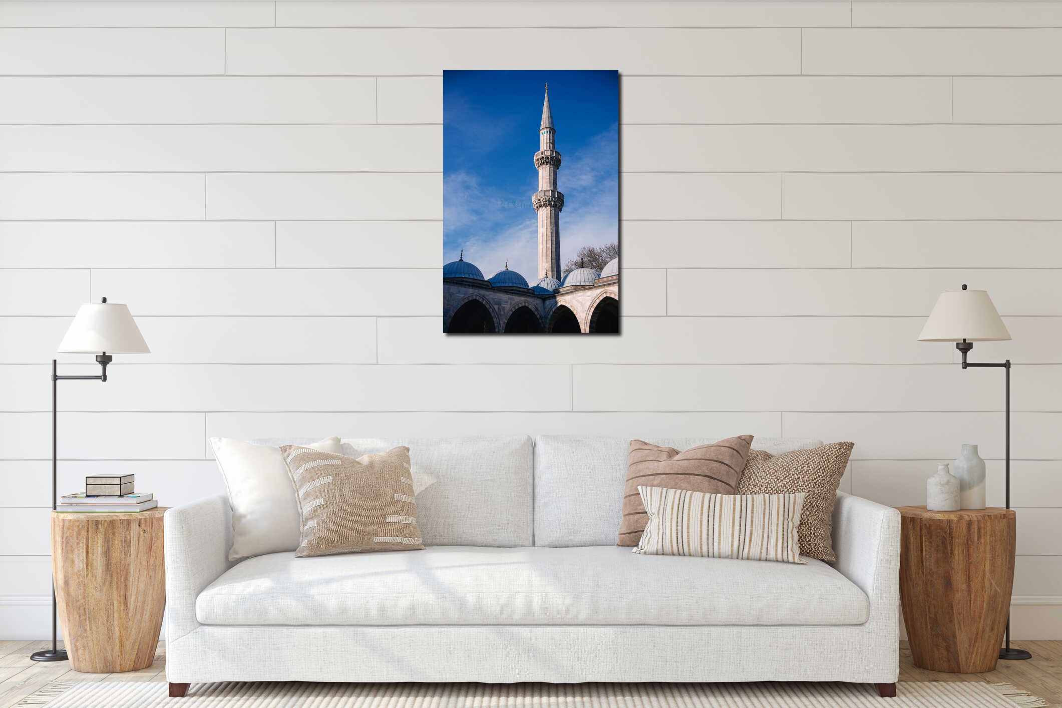 Suleymaniye Mosque minaret rising towards a vibrant blue sky in Istanbul interior mockup