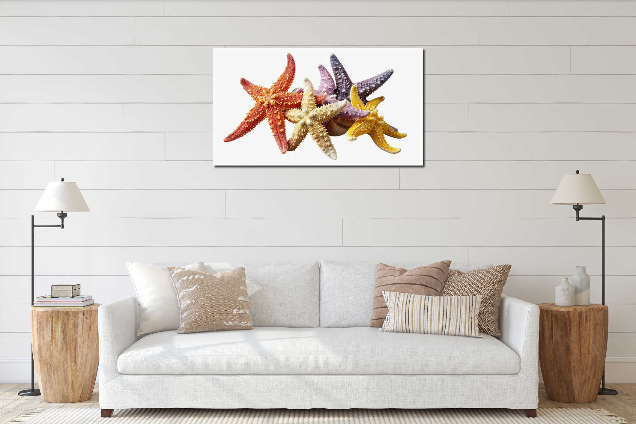 A group of starfish sitting next to each other. Suitable for marine life concepts interior mockup