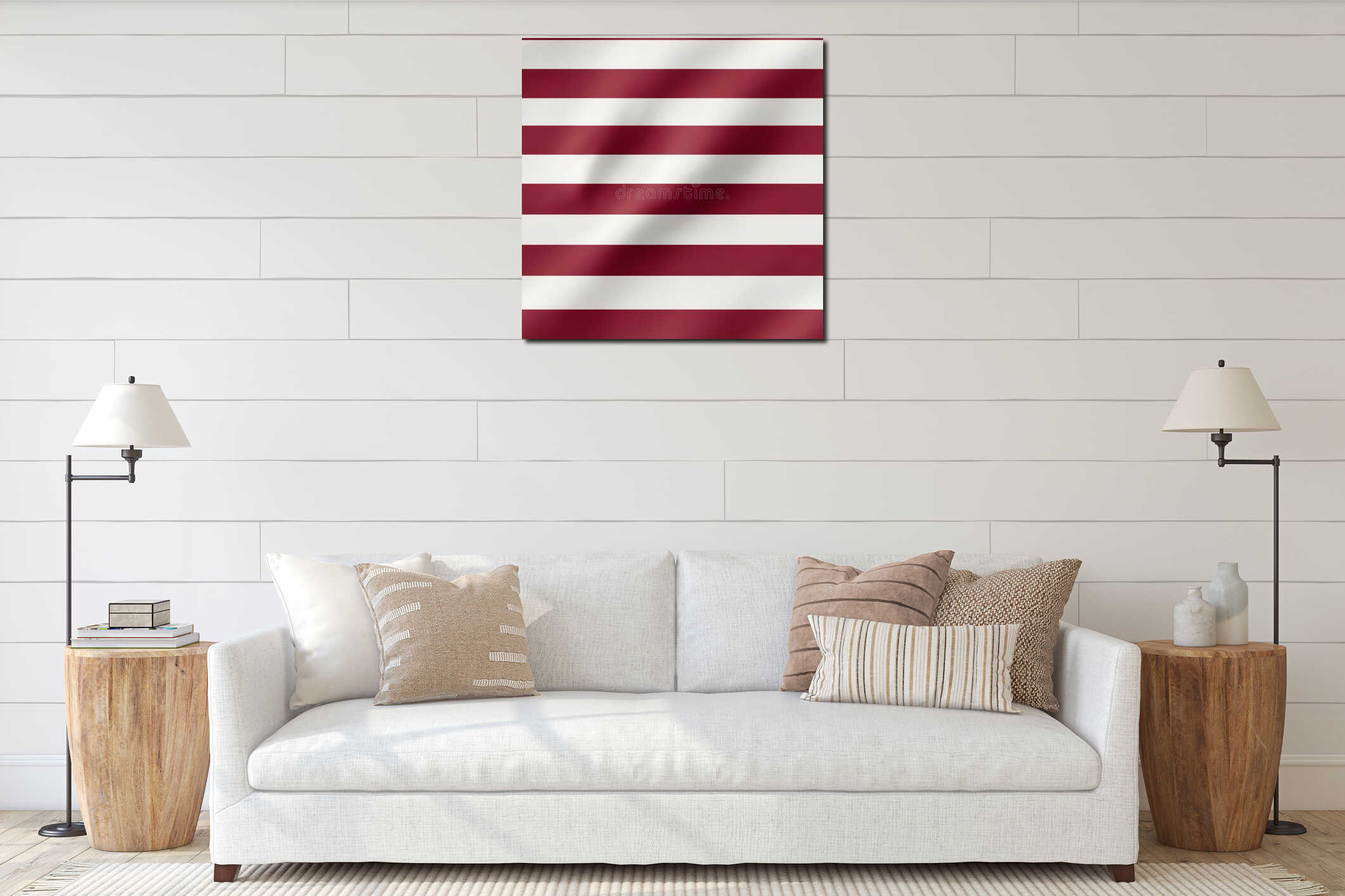 Seamless fabric design featuring maroon, ecru, and white stripes on a clean white background interior mockup