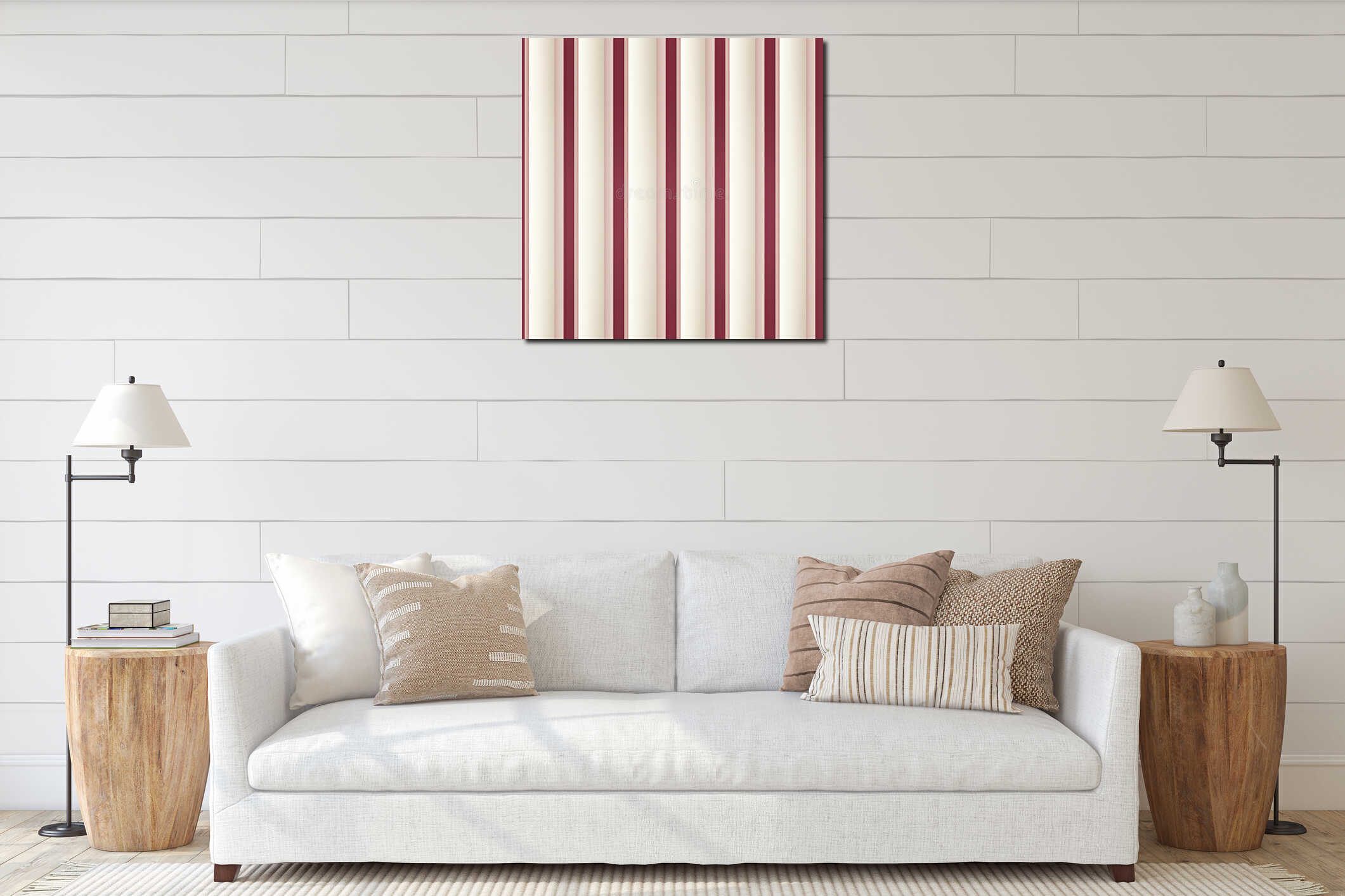 Seamless fabric design featuring maroon, ecru, and white stripes on a white background interior mockup
