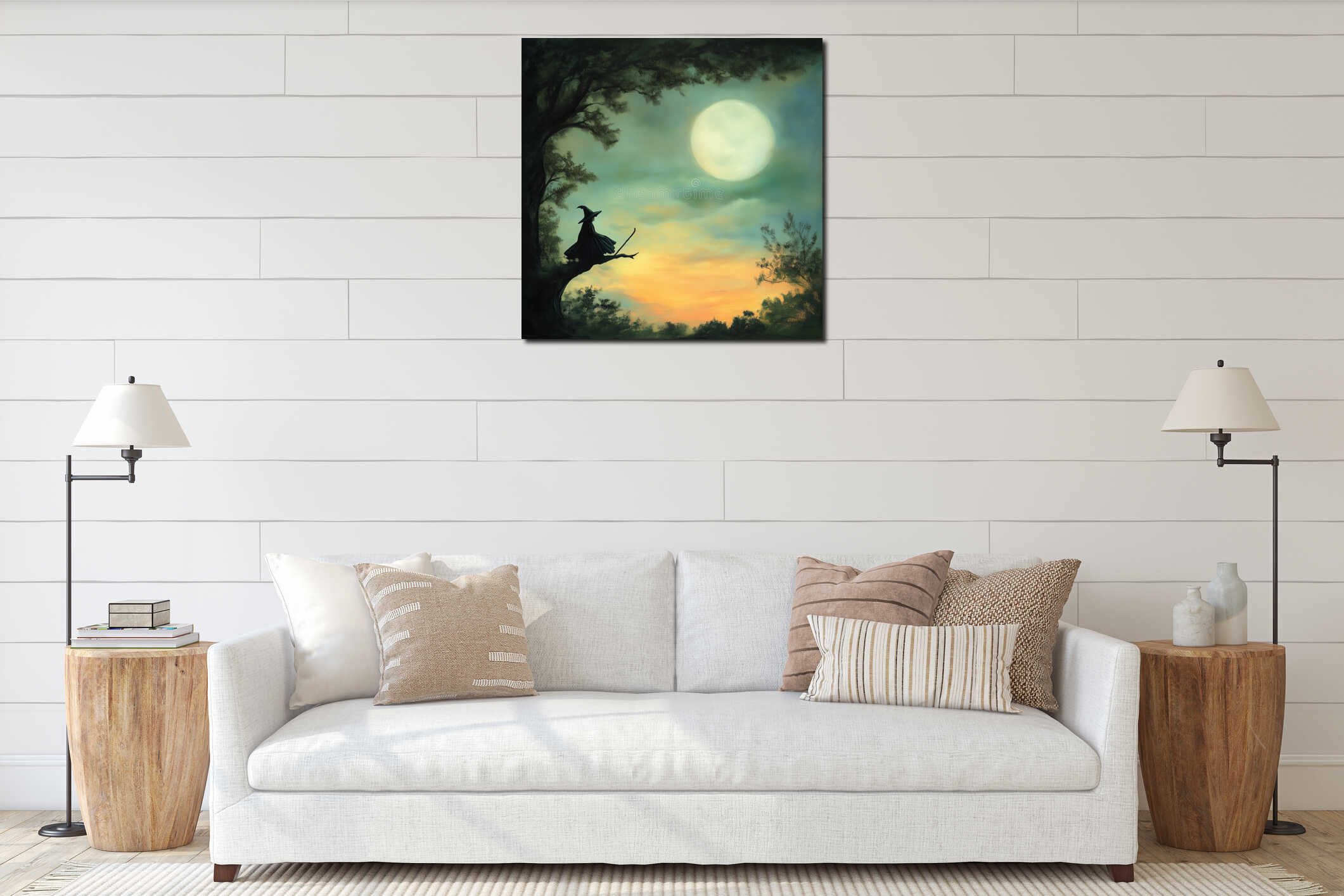 Enchanting witch silhouette against moonlit evening sky in mysterious forest interior mockup