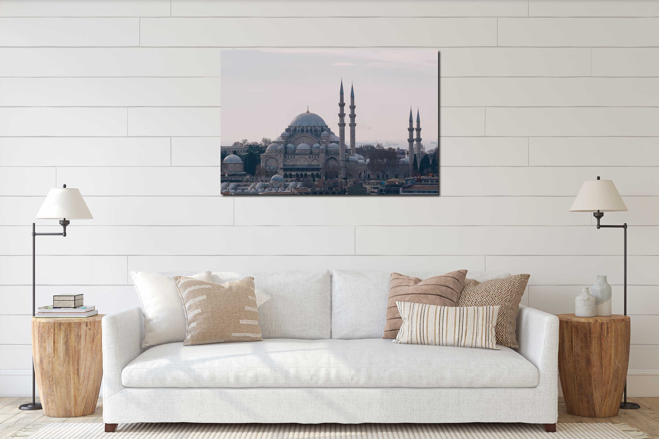 Suleymaniye Mosque dominating Istanbul skyline with its impressive domes and minarets interior mockup