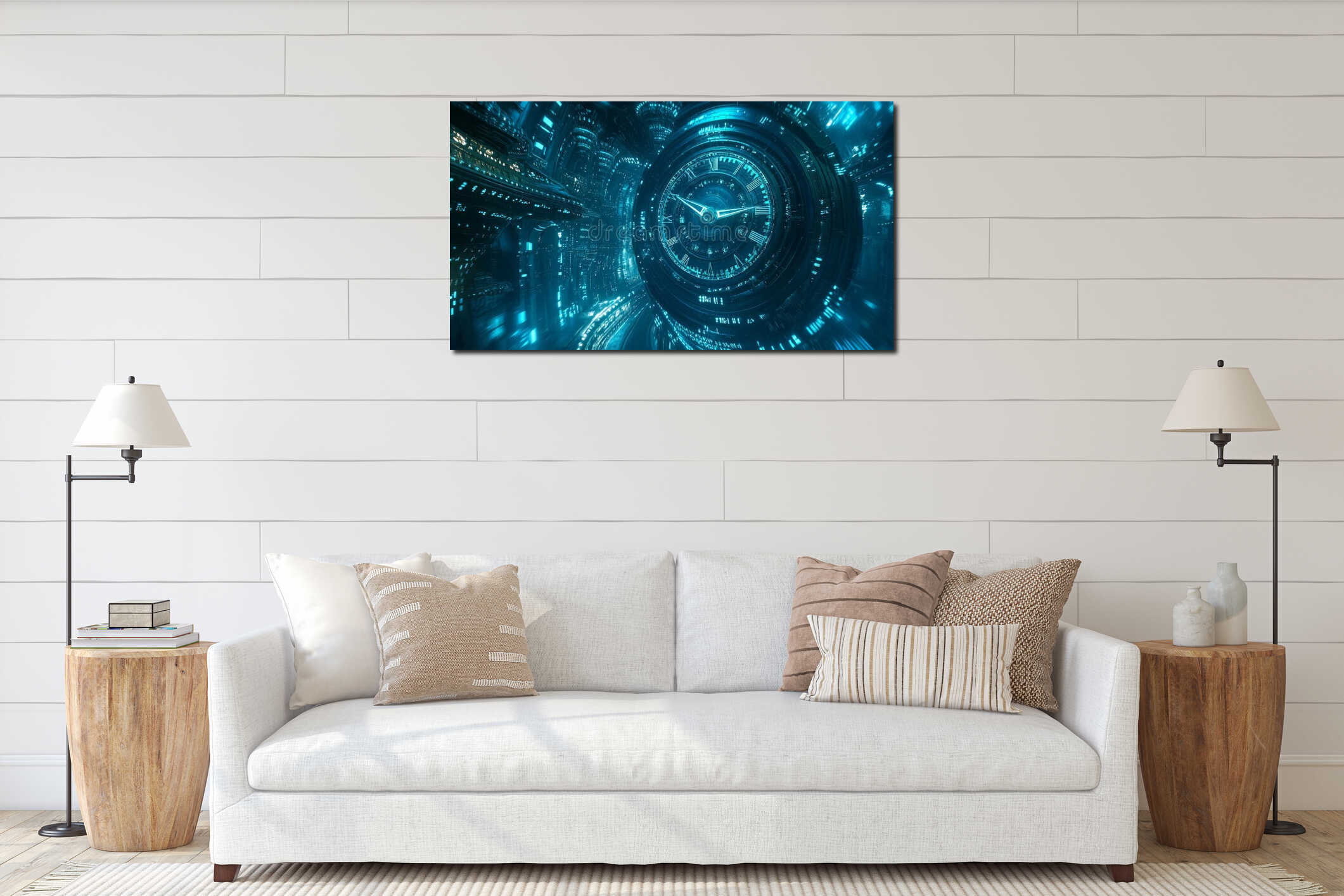 A dark blue futuristic background showcases an abstract clock with a spiral pattern and Roman numerals. interior mockup