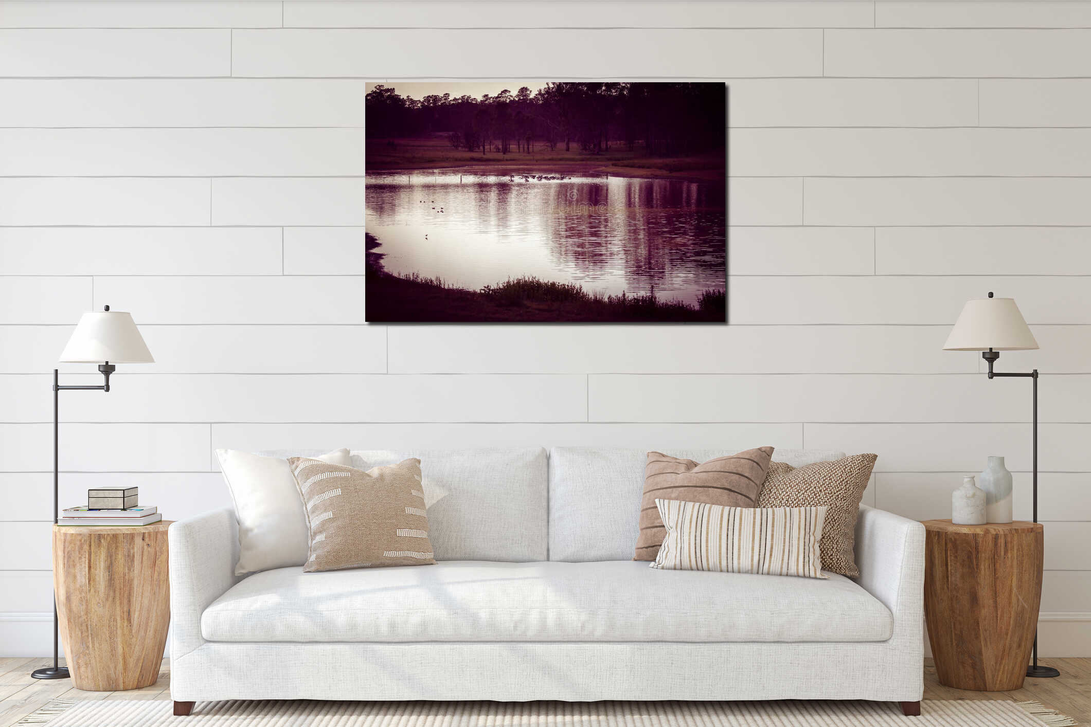 Pelicans feeding on a tranquil lake in a large meadow interior mockup