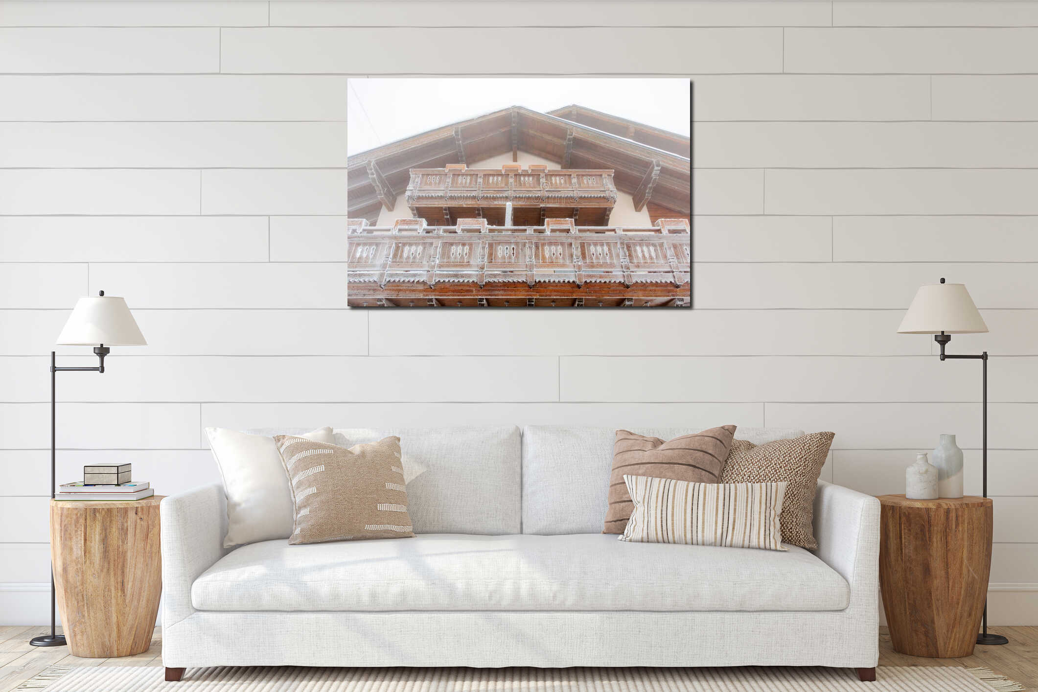 Snow-dusted wooden chalet facade in winter wonderland interior mockup
