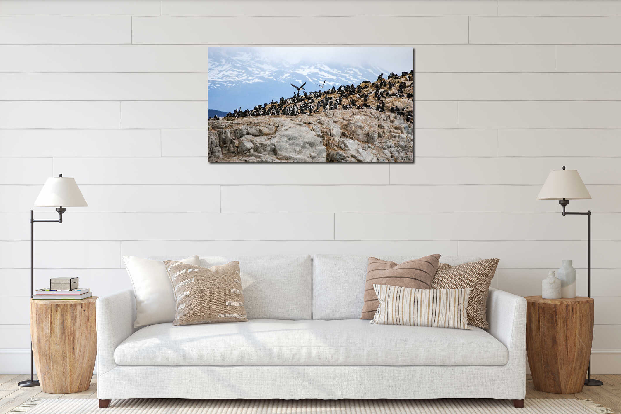 Colony of cormorants resting on a rocky island with majestic mountains behind interior mockup