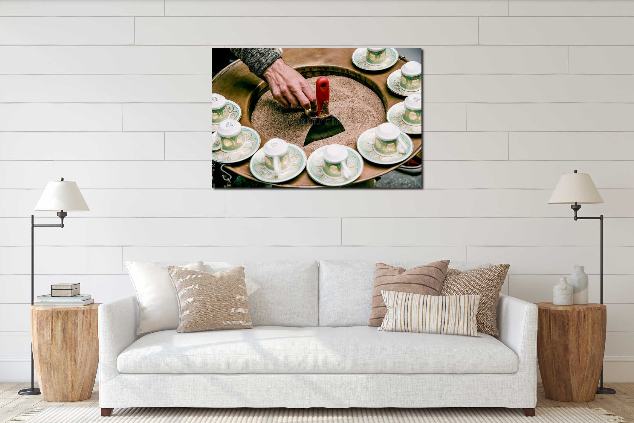 Man prepares Turkish coffee traditional way in cezve on sand, street food drinks interior mockup