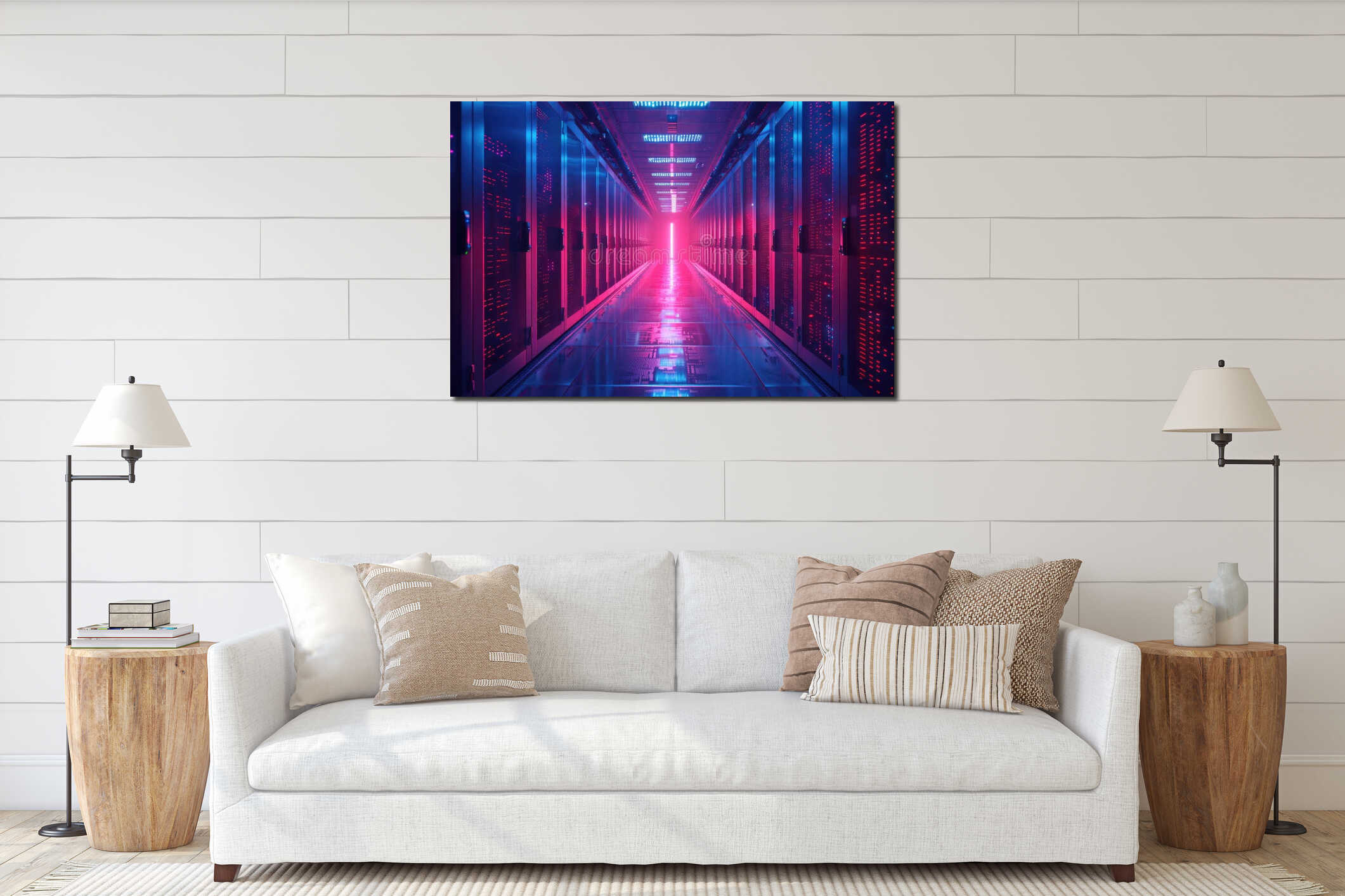 A mysterious long hallway illuminated by red and blue lights. Ideal for use in suspenseful or futuristic themed projects interior mockup