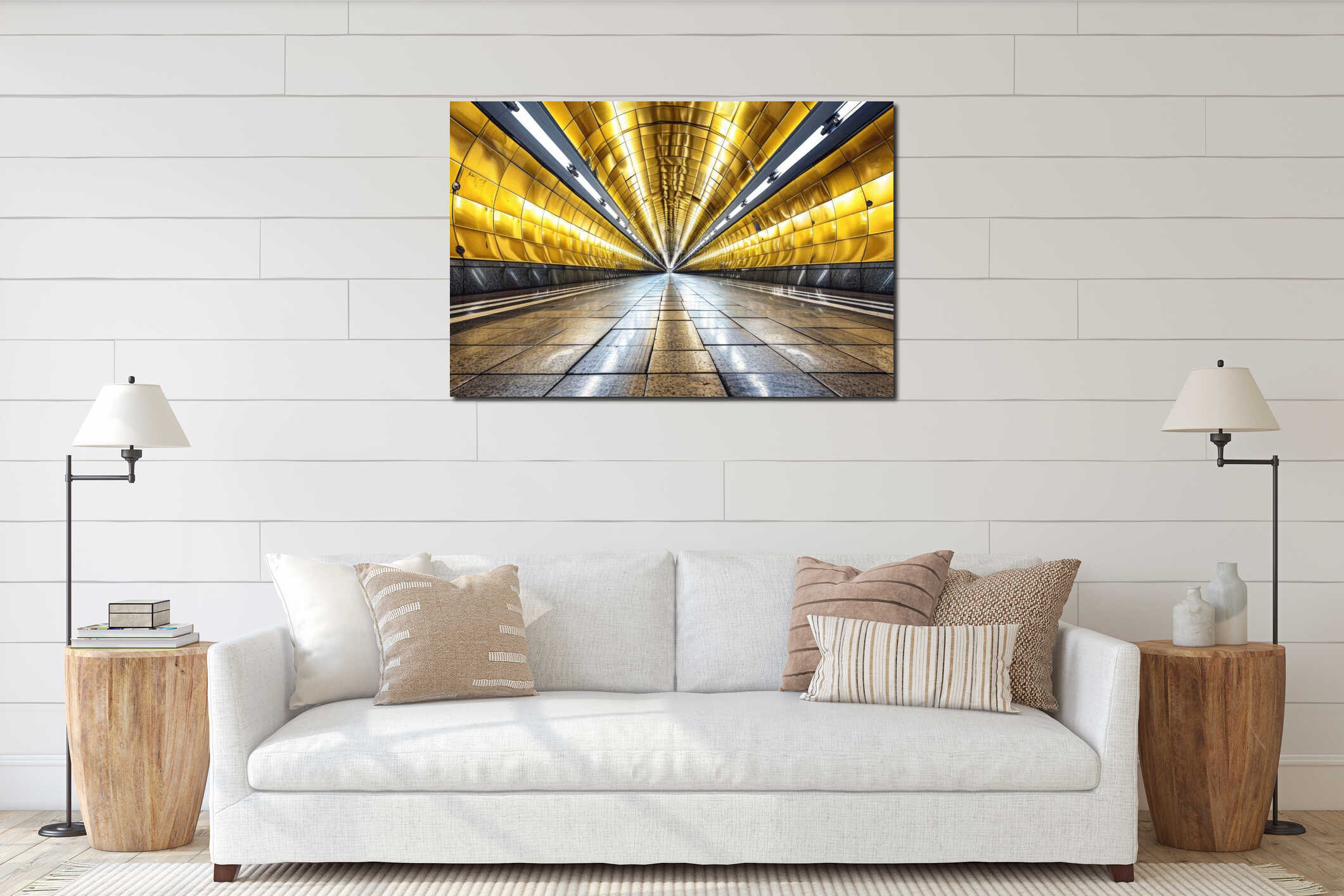 A deserted subway station with a bright yellow wall. Suitable for urban and transportation themes interior mockup