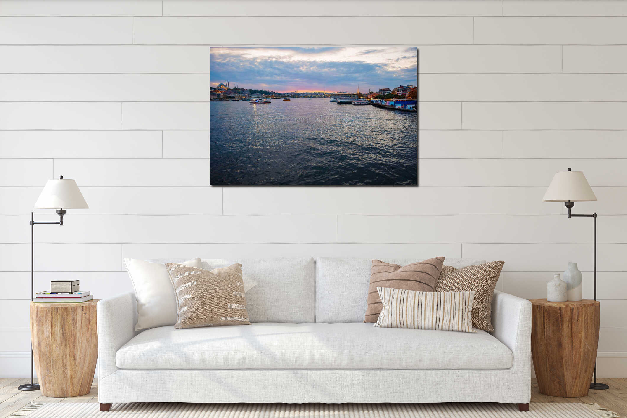 cityscape of Istanbul, Turkey, view to the Golden Horn Bay and architecture of city and ships and Bosphorus shore against the interior mockup