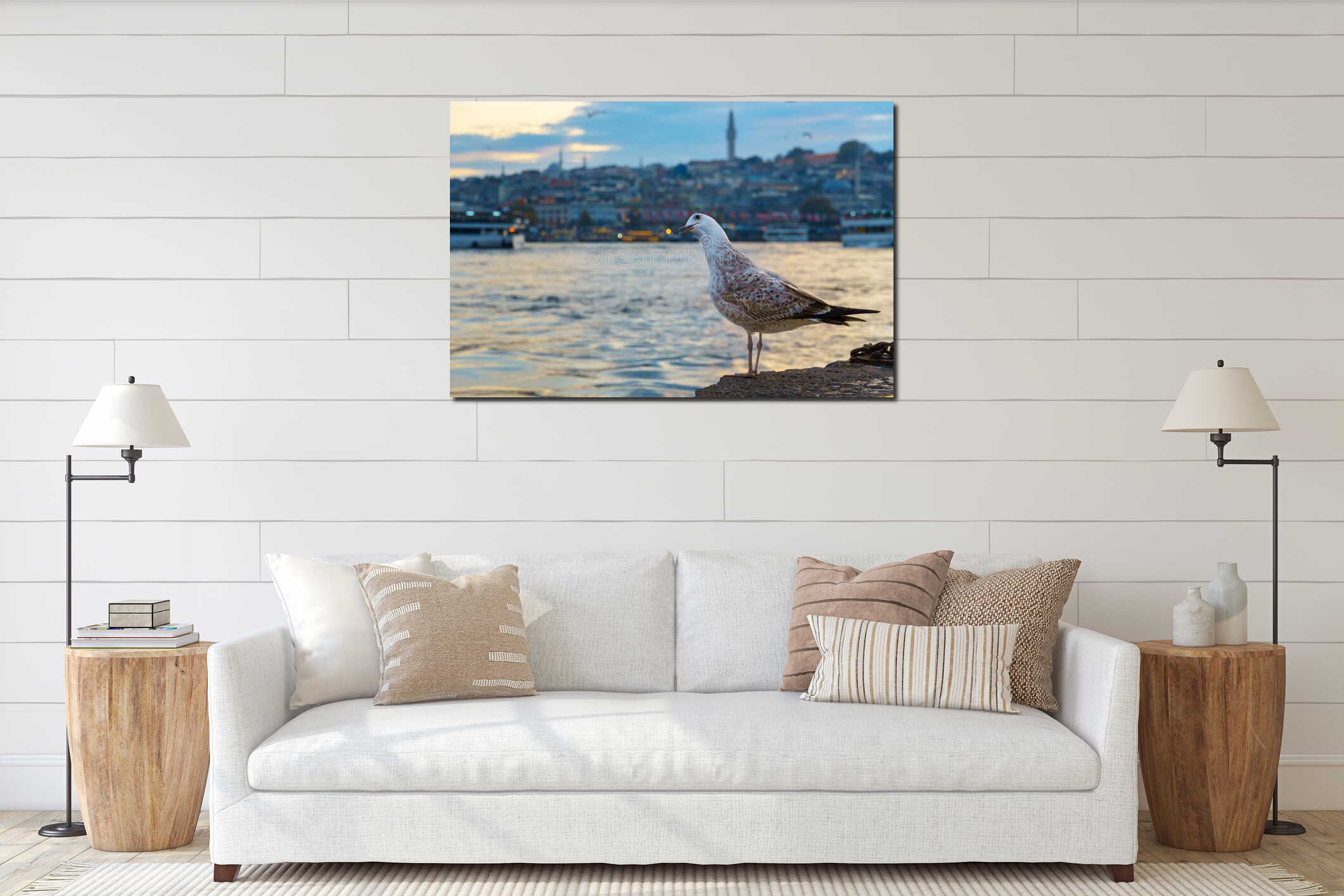 seagull in front of cityscape of Istanbul, Turkey, view to the Golden Horn Bay and architecture of city and ships and Bosphorus interior mockup