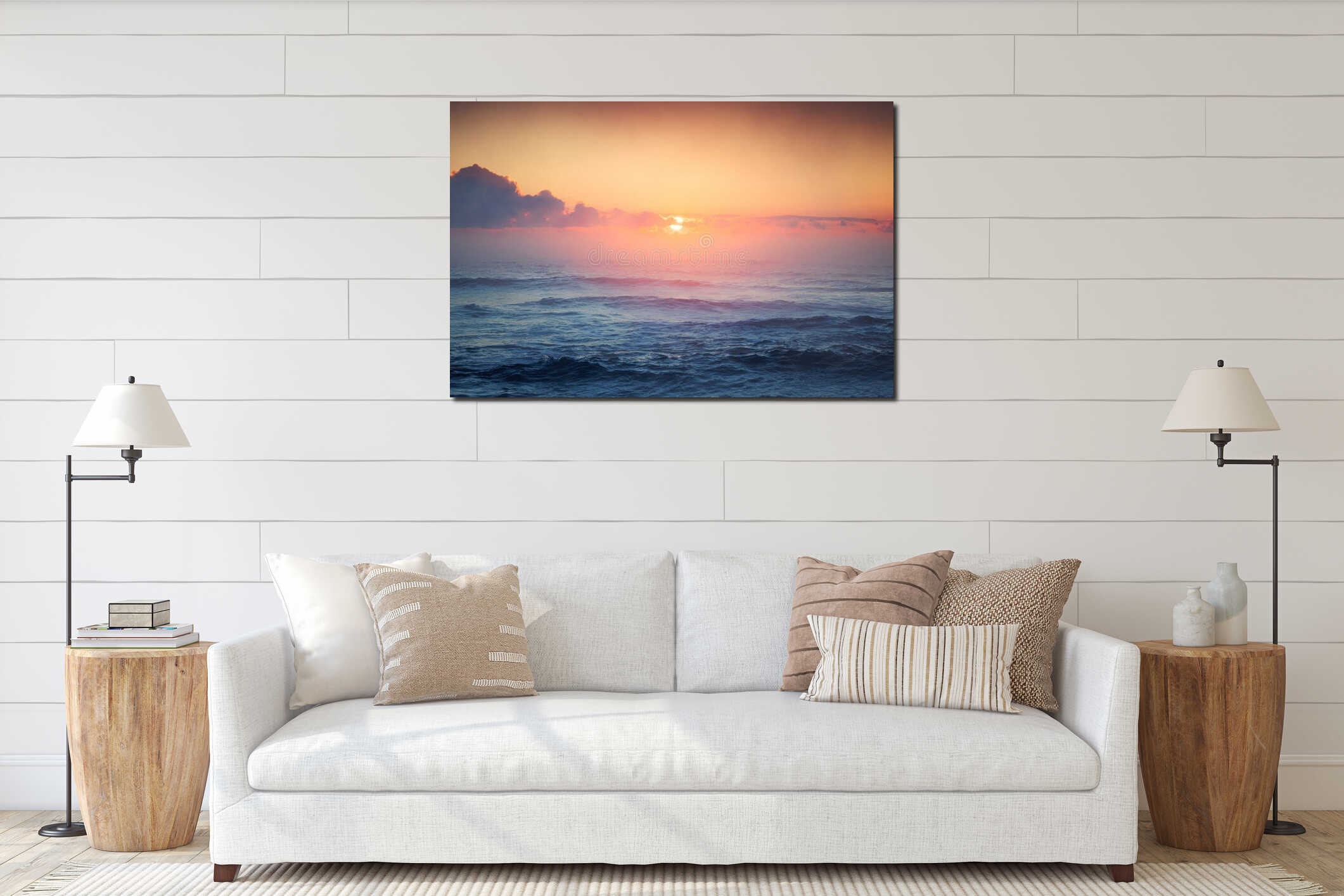 Beautiful cloudscape over the sea horizon and fog over the water colorful sunrise beach landscape. interior mockup