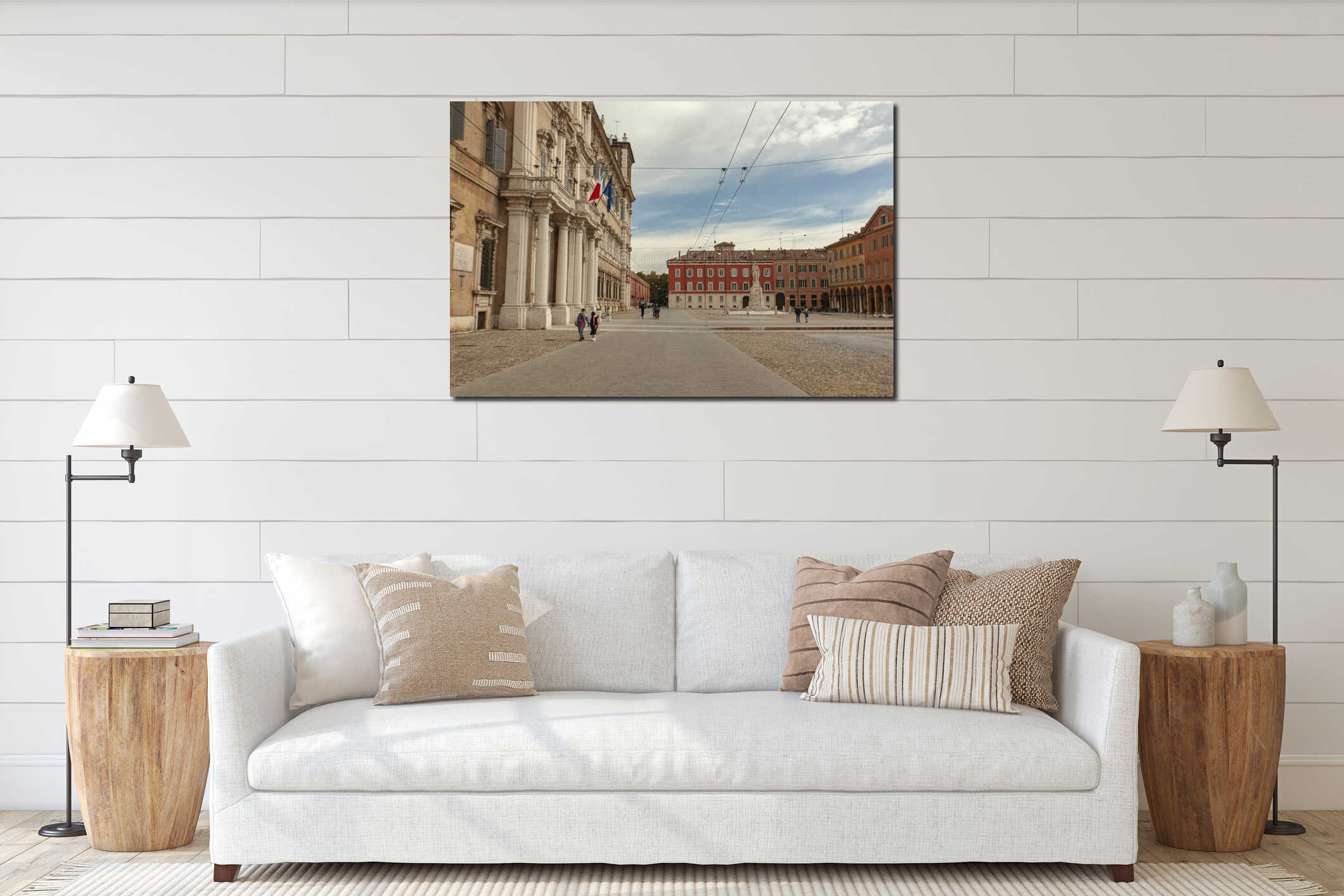 Tourists walking in piazza roma with palazzo ducale in modena, italy interior mockup