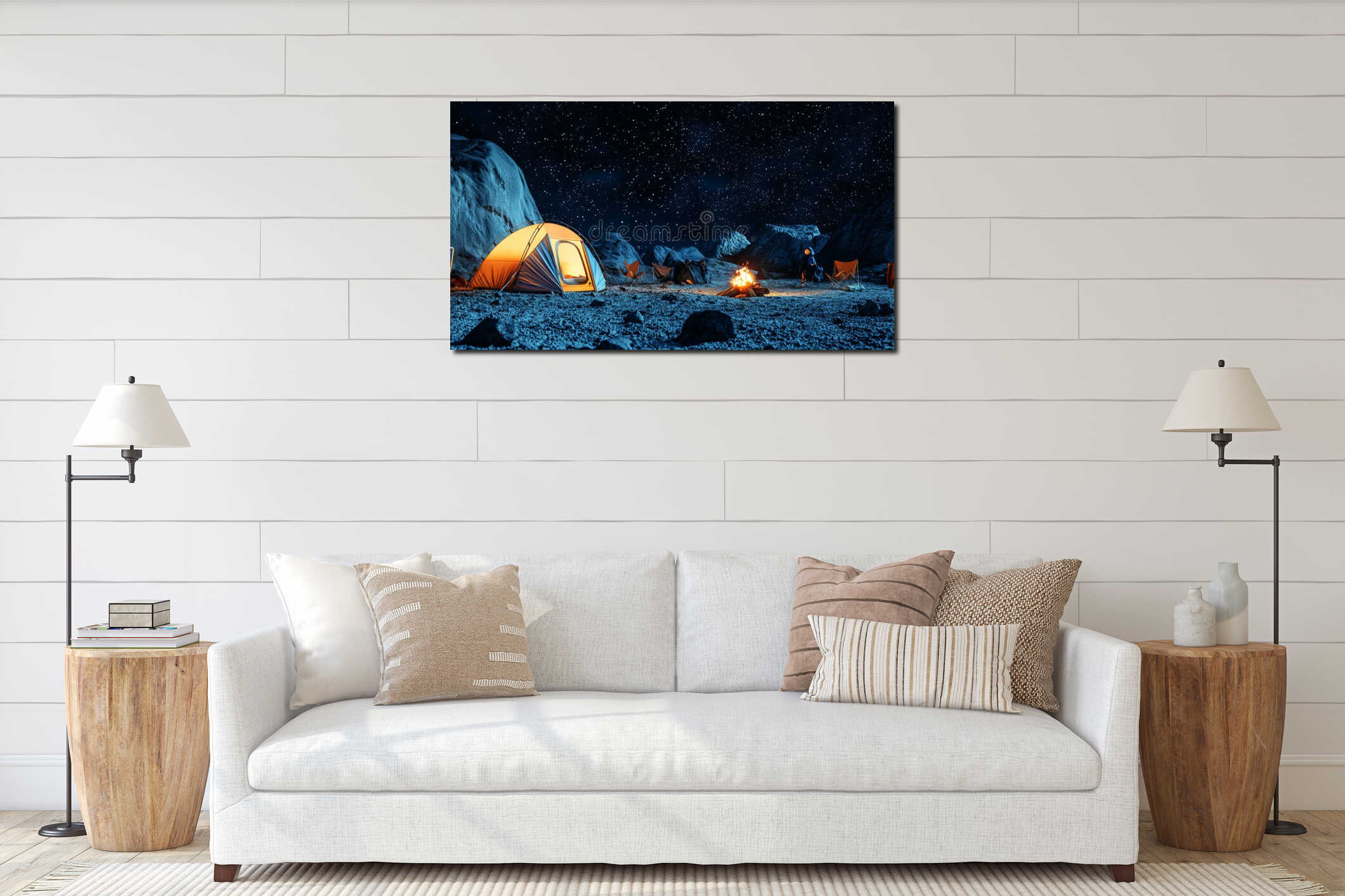 Night Camping Scene Illuminated Tent Campfire Starry Sky Rocky Landscape AI generated. interior mockup