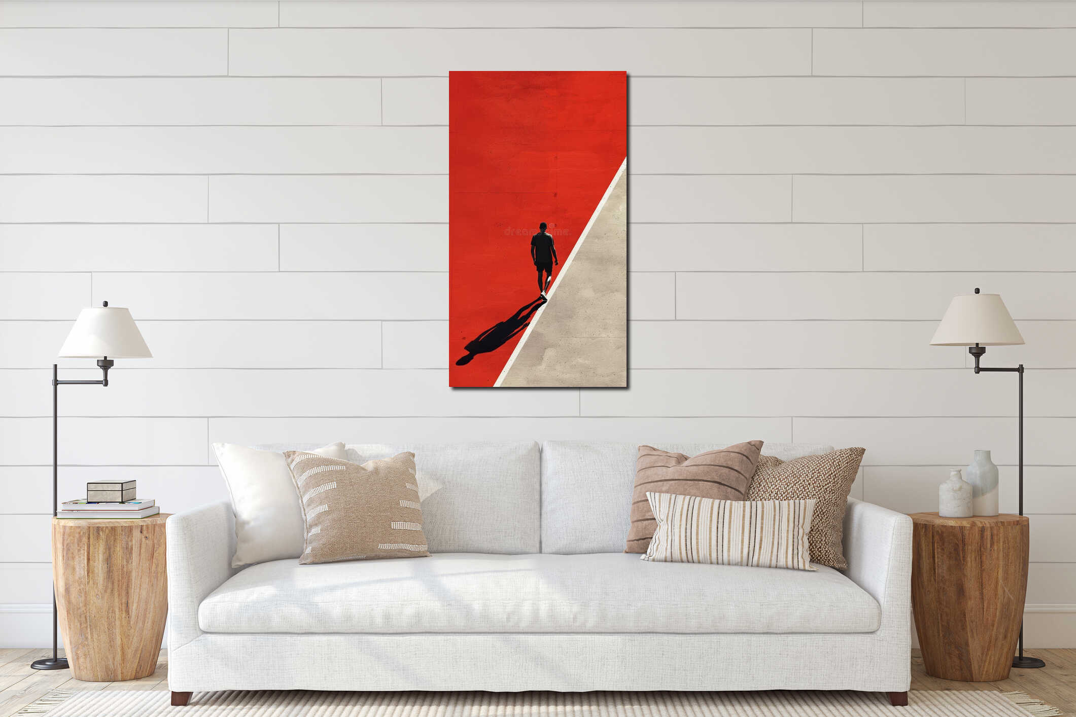 Silhouette of a man walking on a vibrant red and gray surface interior mockup
