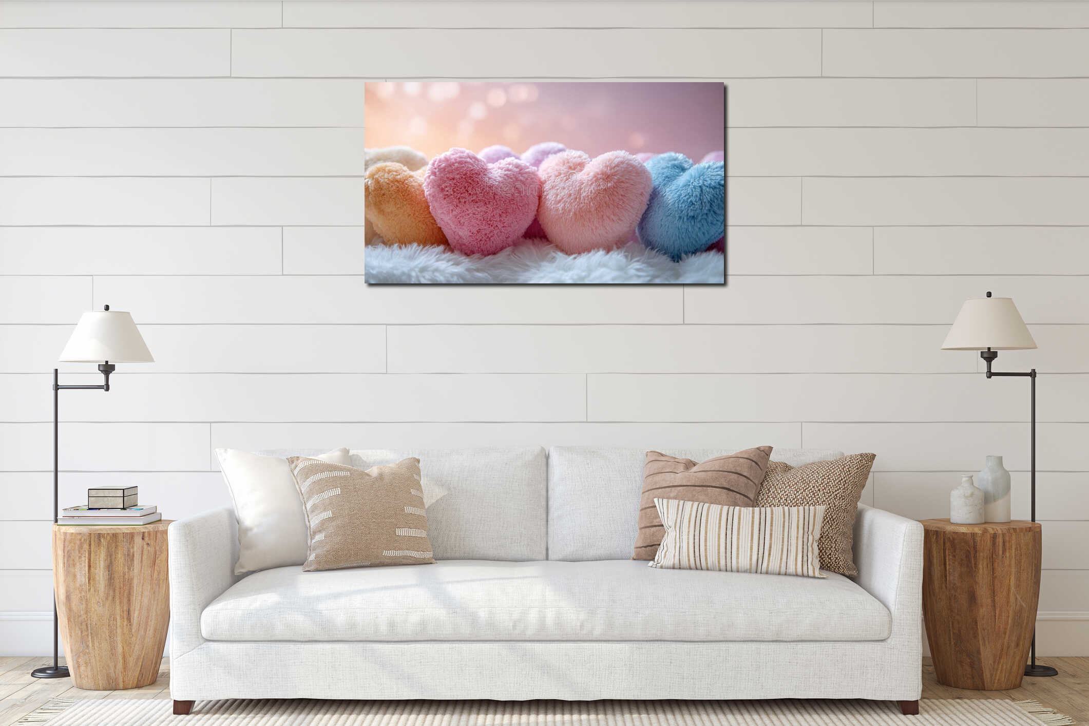 Soft plush heart-shaped pillows on a fluffy surface, romantic ambiance concept interior mockup