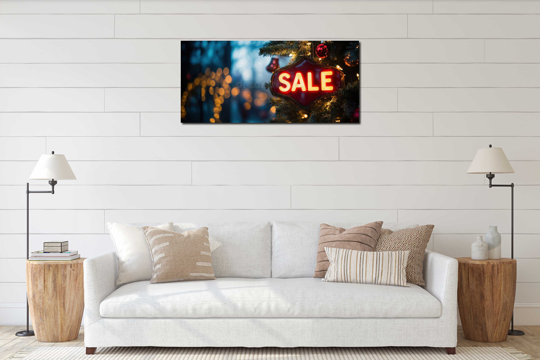 Bright SALE sign illuminated on Christmas tree with festive decorations and blurred lights in background, capturing interior mockup