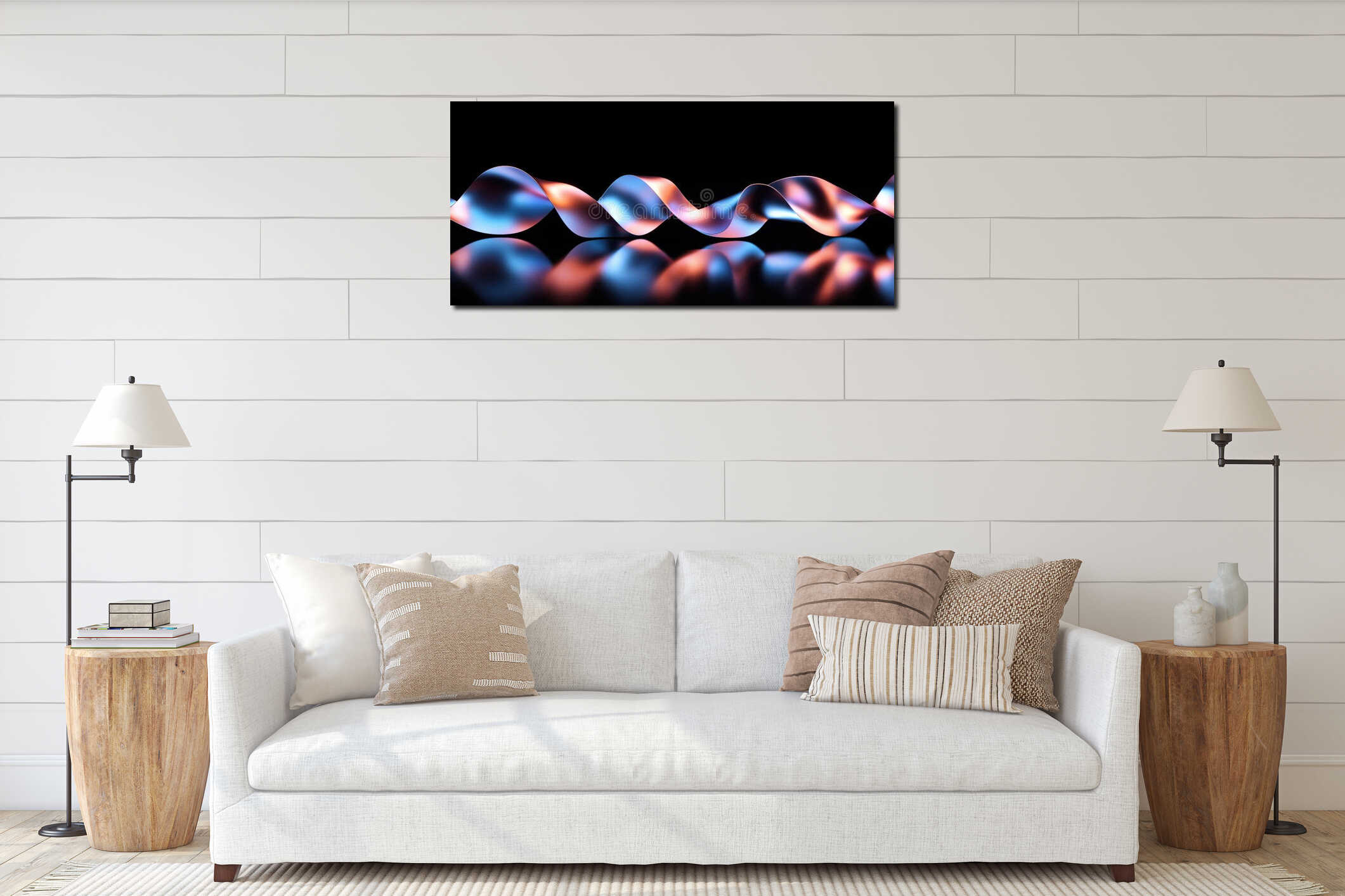 Colorful flowing ribbon waves with reflective surface and vibrant lighting effects, copy space for text interior mockup