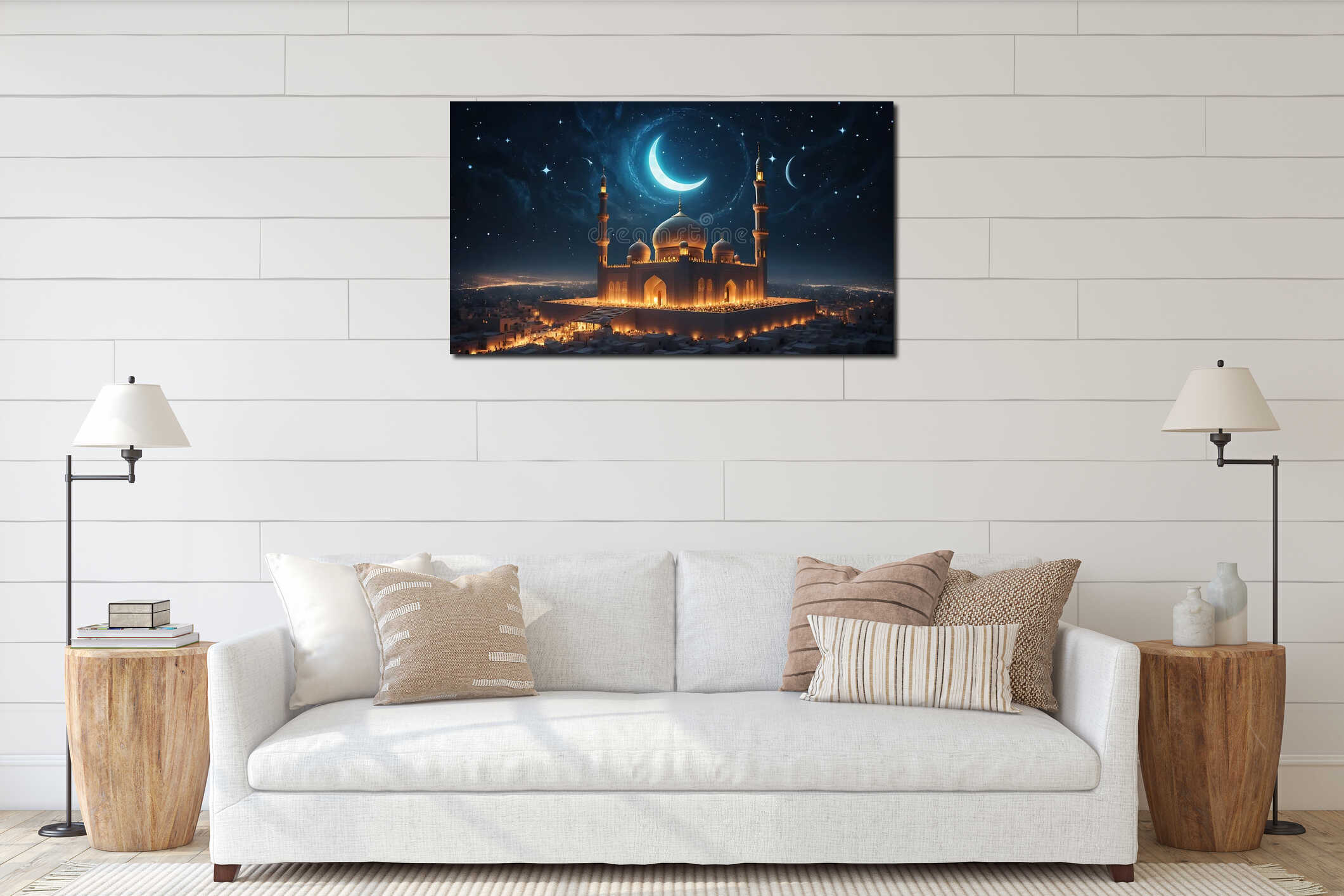 Illuminated Mosque Night Scene Crescent Moon Stars Cityscape interior mockup