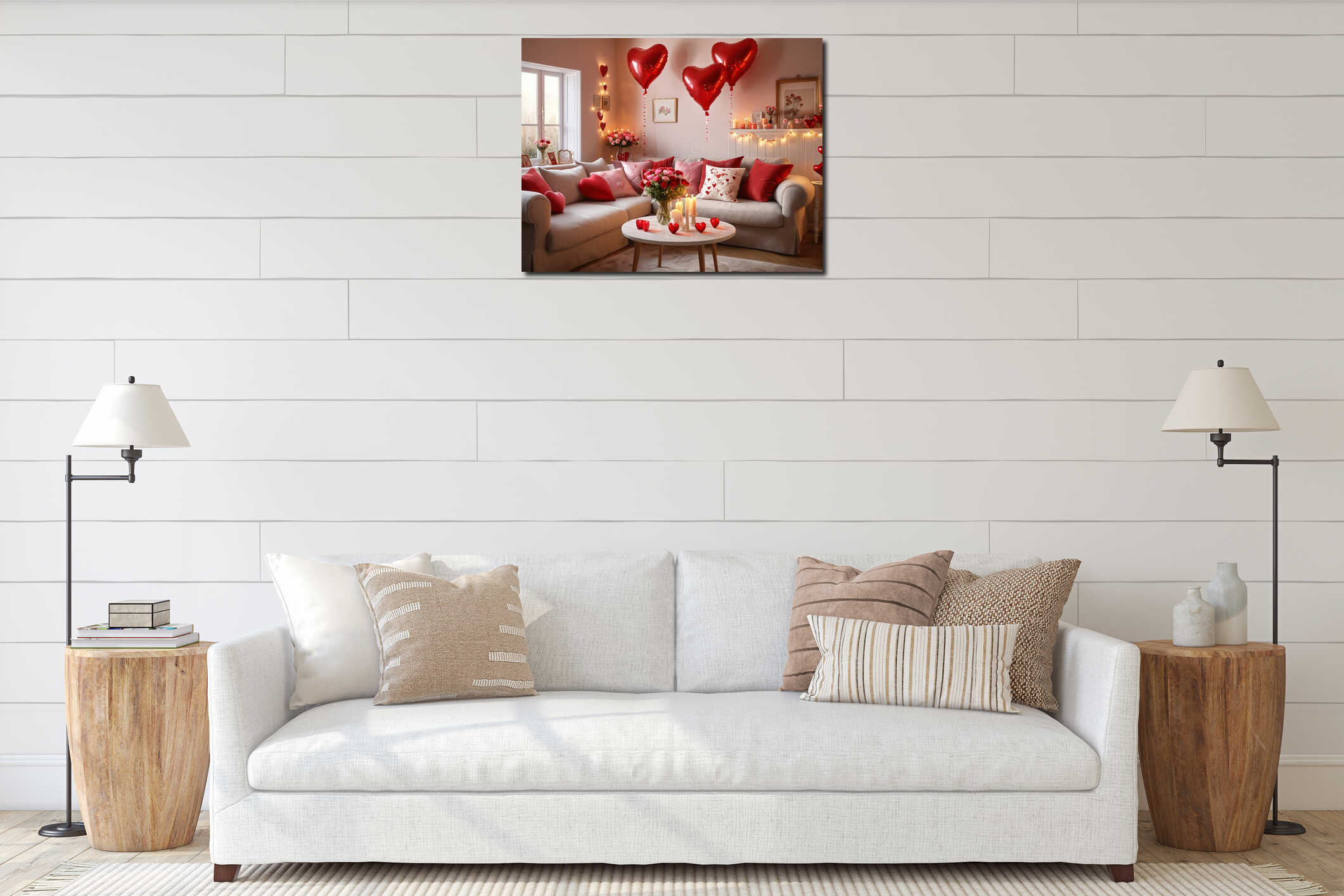 Romantic Living Room Decoration with Red Heart Balloons, Candles, and Flowers for Valentine's Day interior mockup