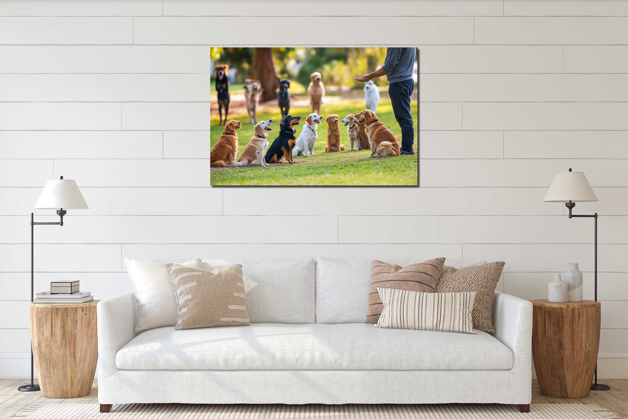 Dog trainer teaching obedience commands to a group of dogs in a park. Generative AI interior mockup