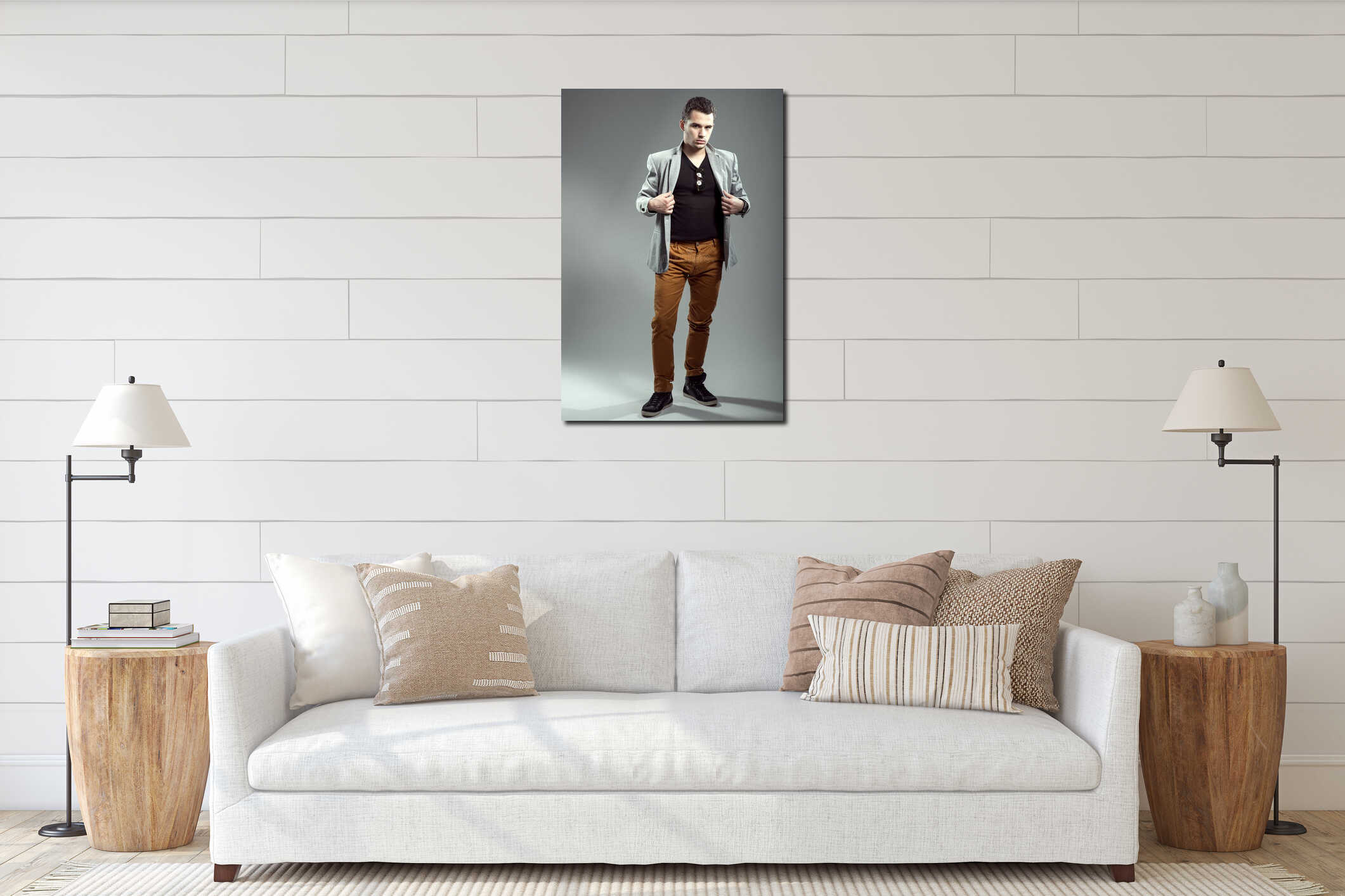 Handsome young man, fashion photography interior mockup