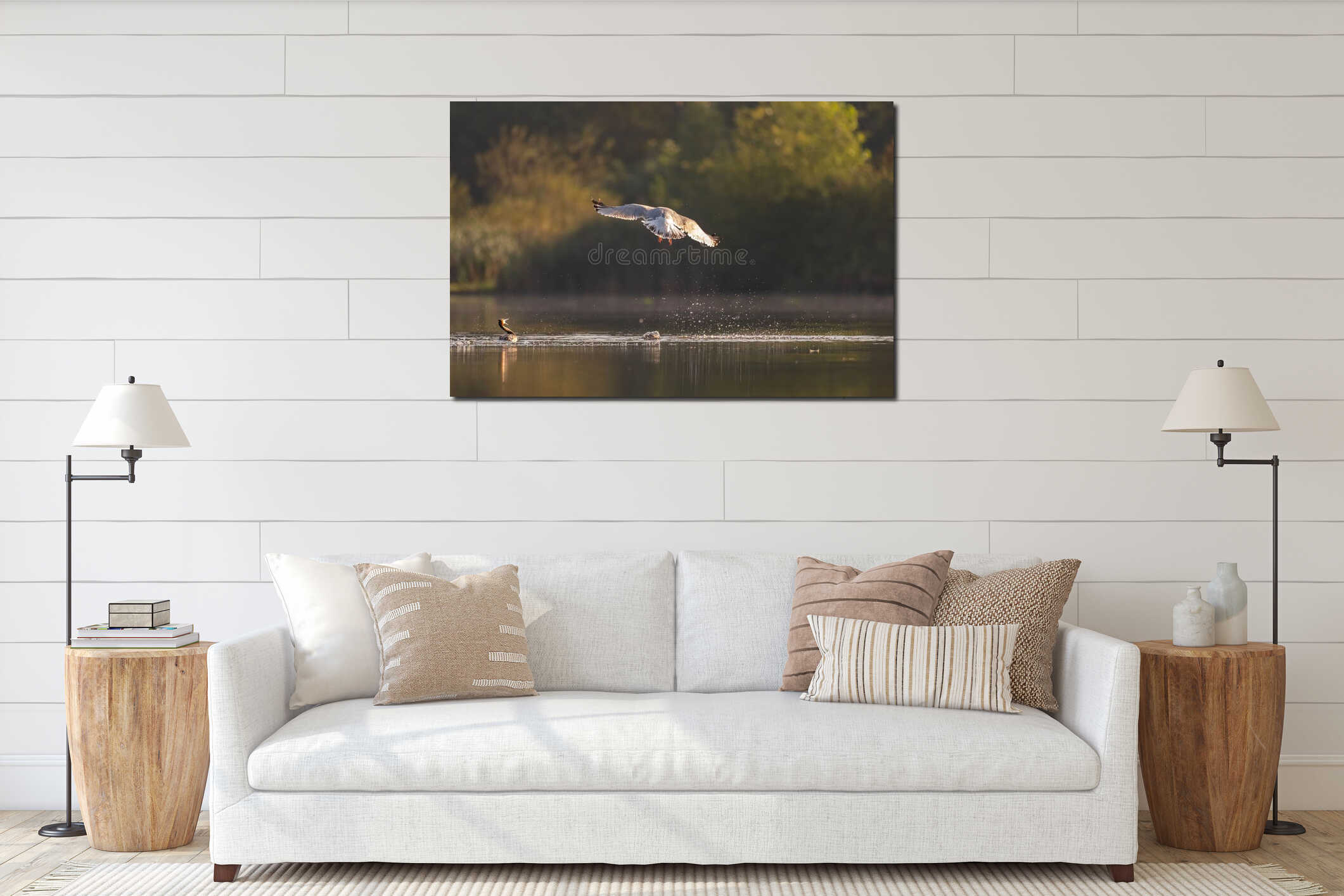 Seagull in Flight Over Calm Lake at Sunrise interior mockup