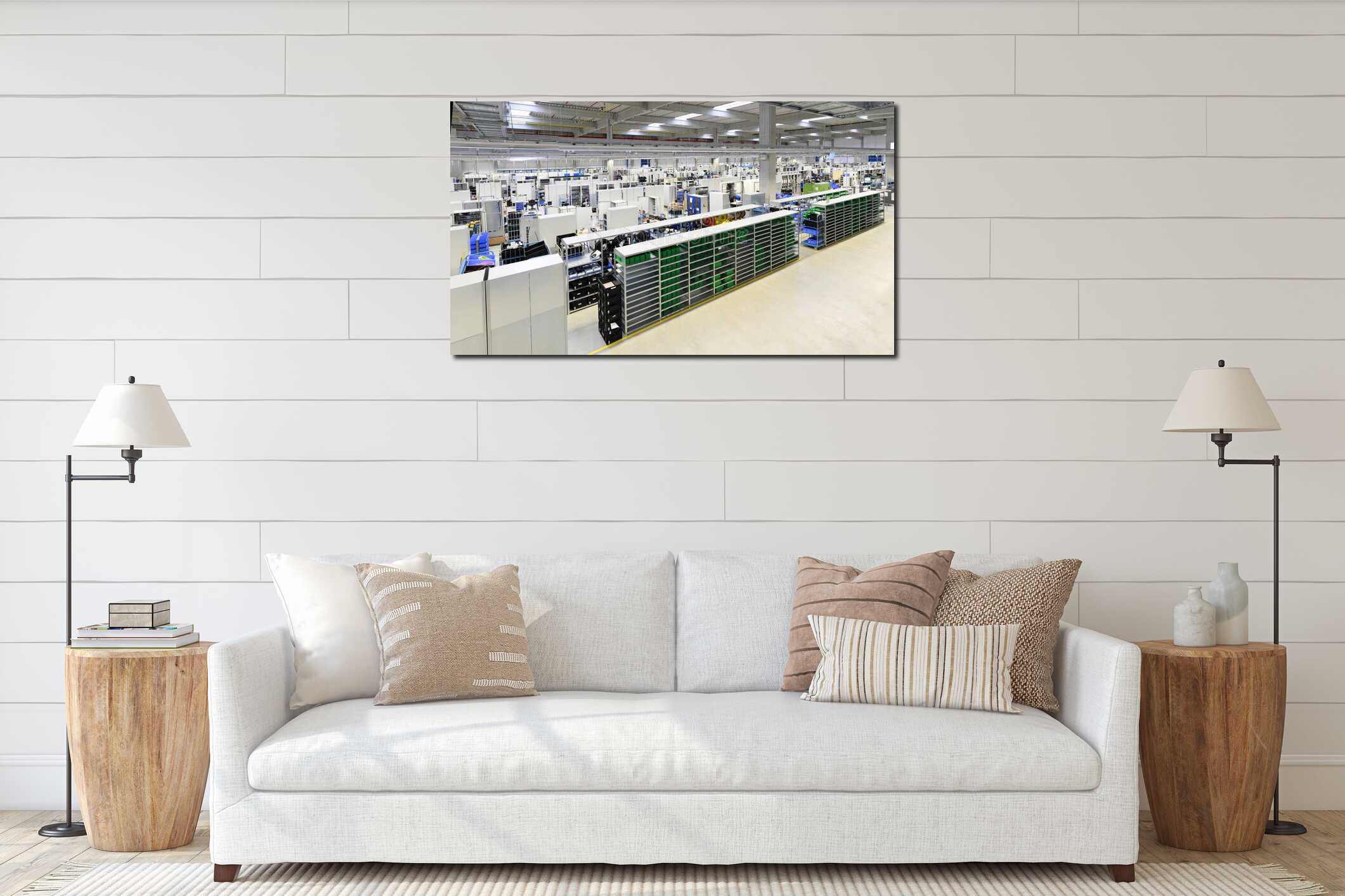 modern industrial hall - production site of a factory for the assembly of electrical equipment in switchgear cabinets in interior mockup