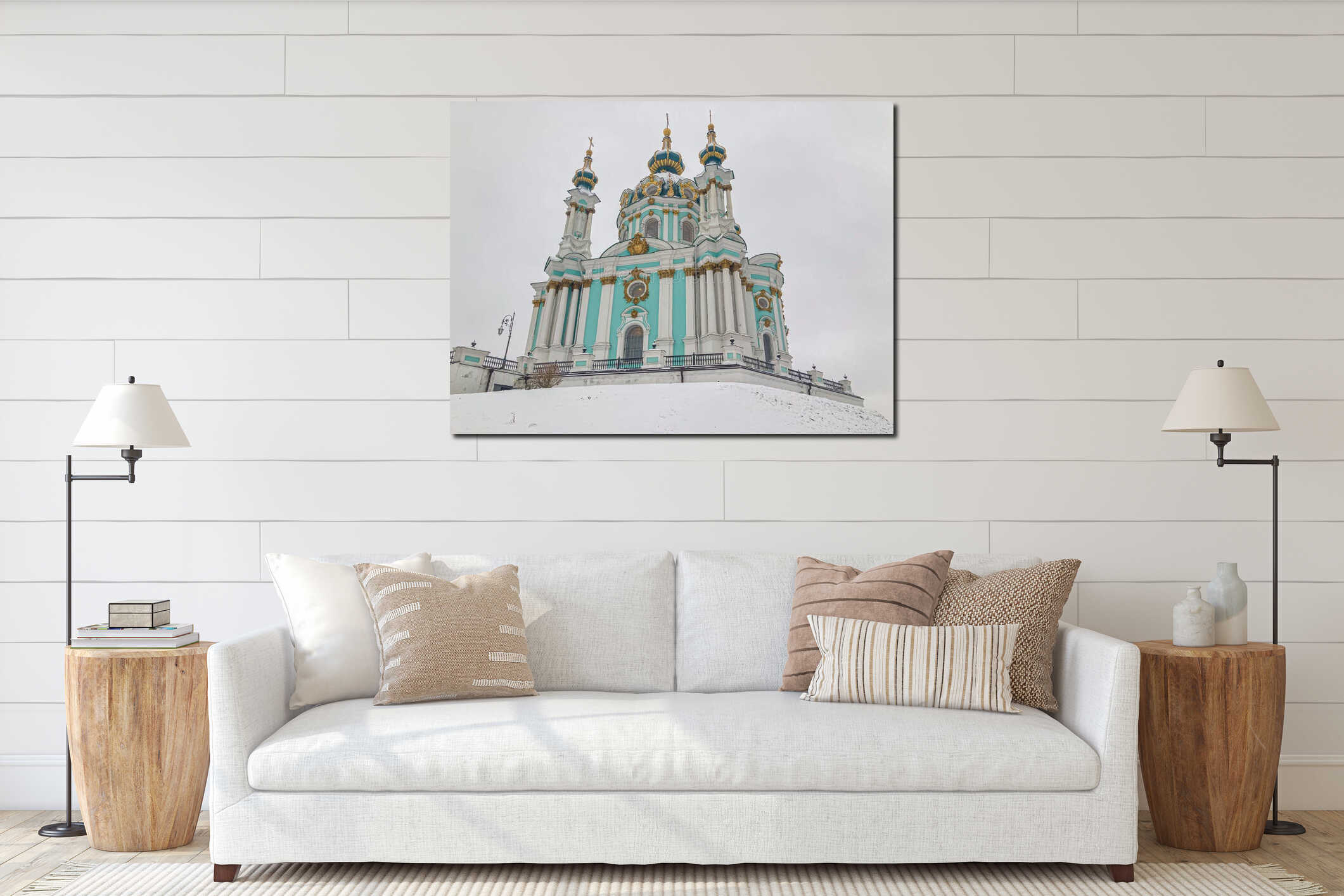 A grand Orthodox church with gleaming golden domes and blue walls is highlighted against a gray sky The architectural interior mockup