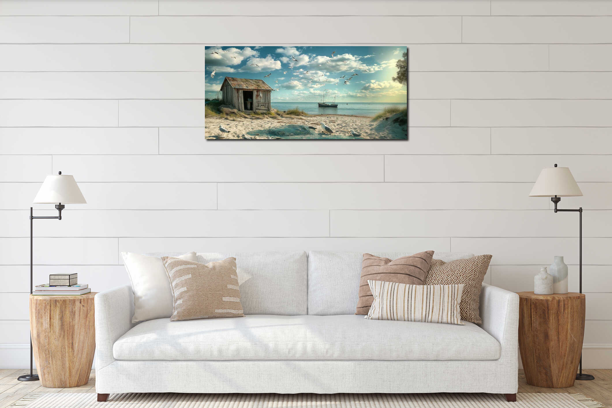 Seaside cottage with fishing boat, seagulls, sandy beach, and serene water, copy space for text interior mockup