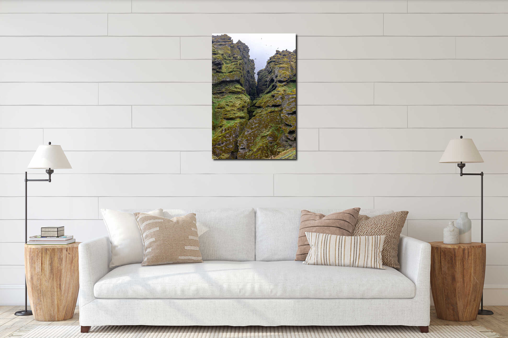 Raudfeldsgja Gorge foggy landscape with vertical cliffs, Botnsfjall Mountain, Snaefellsnes peninsula, Iceland interior mockup