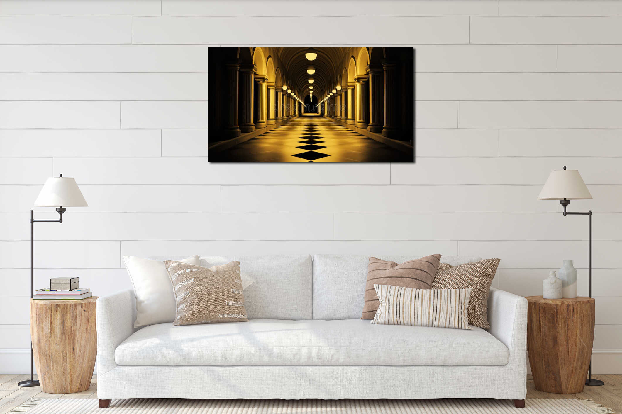 Golden corridor with arches and lights, elegant architecture, symmetrical design interior mockup