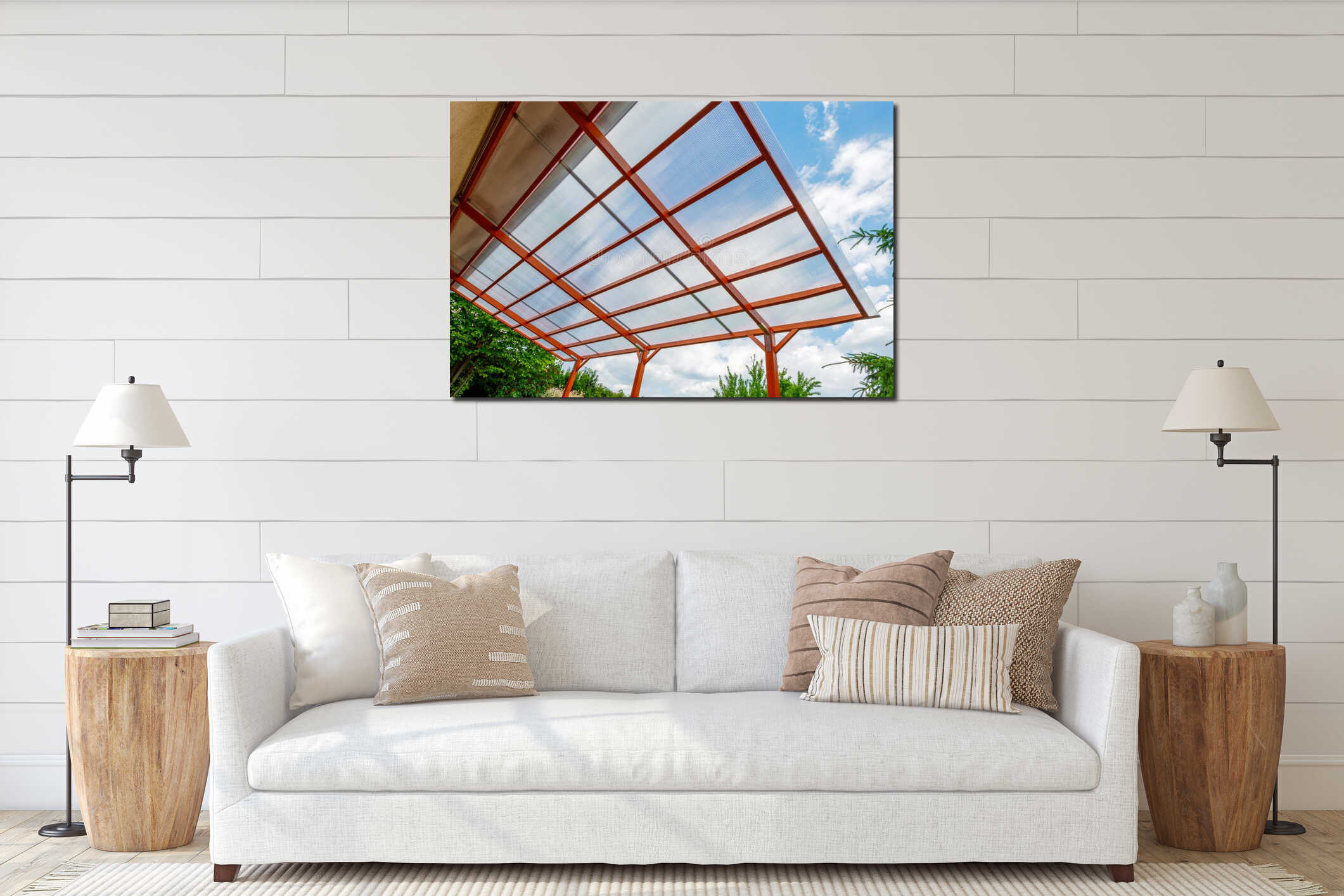 Transparent polycarbonate roof on a modern wooden pergola structure in a backyard, interior mockup