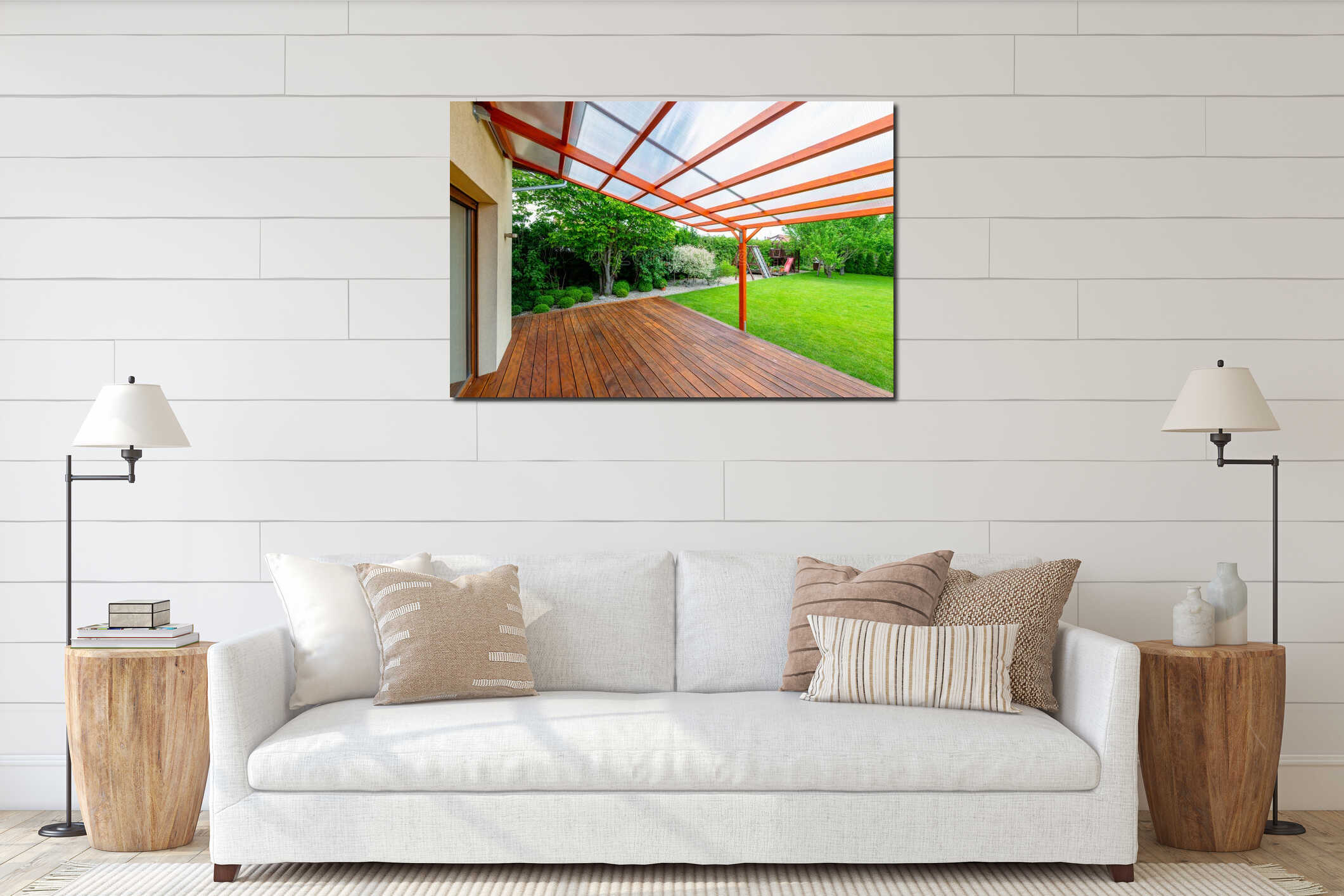 Wooden pergola with transparent polycarbonate roof covering a garden deck in a modern backyard interior mockup