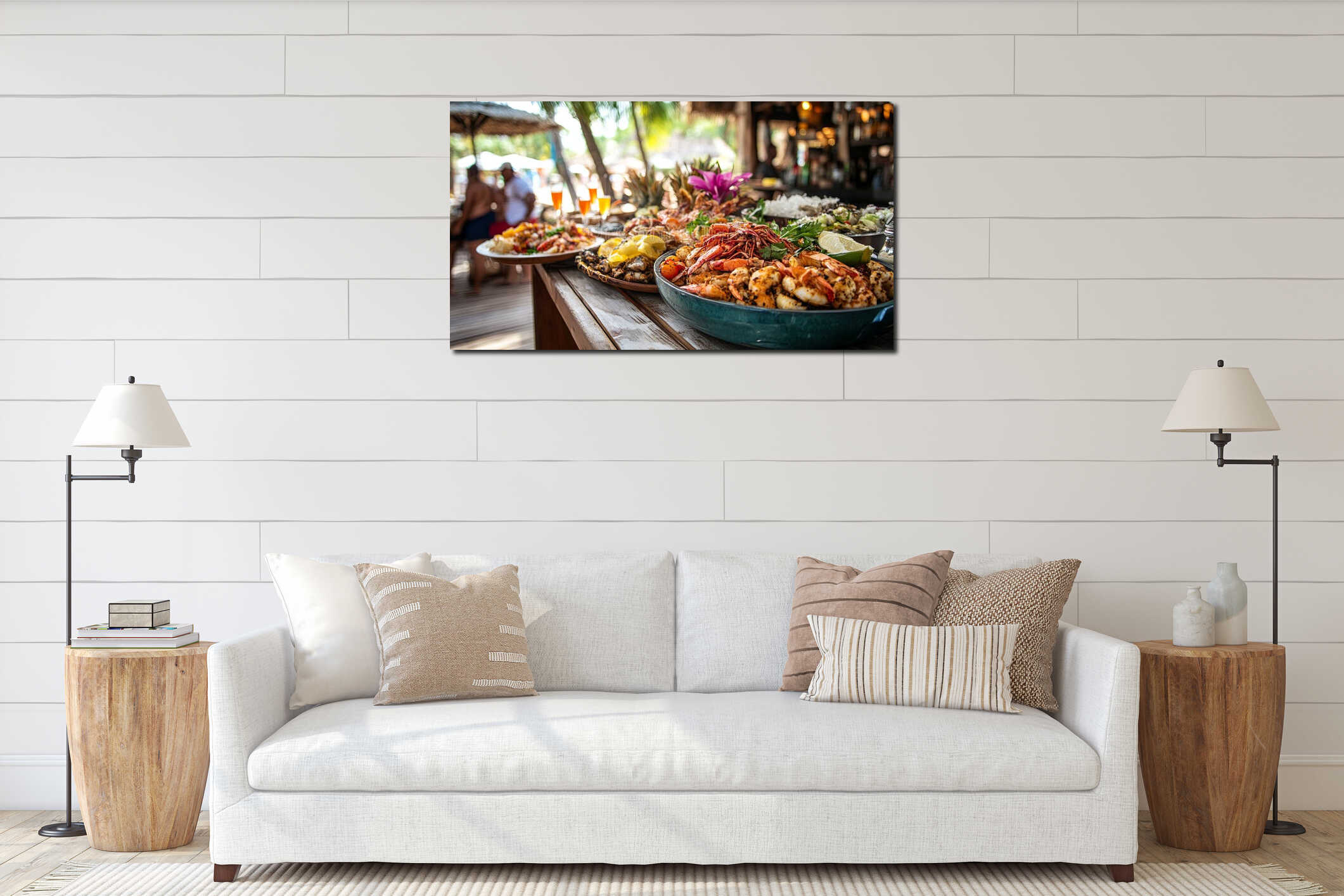 A lively beach bar serving tropical cocktails and fresh seafood interior mockup