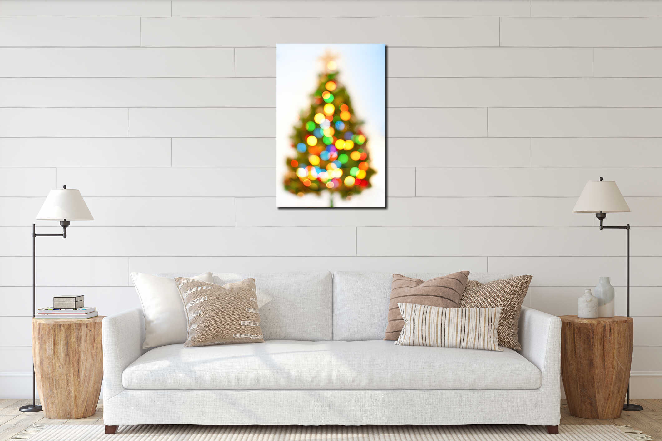 Abstract bokeh Christmas tree background. interior mockup