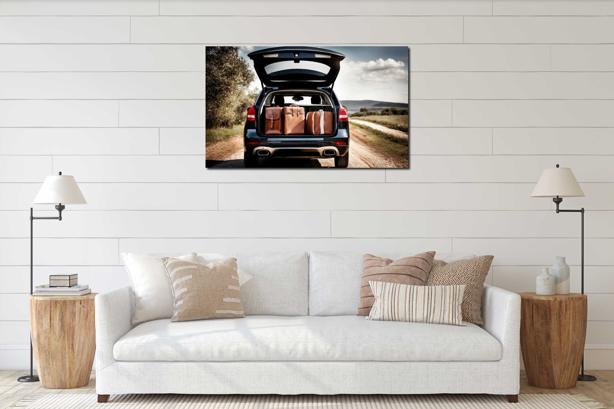 Closeup of back, rear side of car carrying luggages, suitcases preparing for lovely family holiday with natural interior mockup